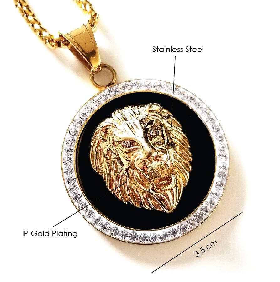KING LEO'S POWER PENDANT LION NECKLACE WITH RHINESTONES (BLACK)