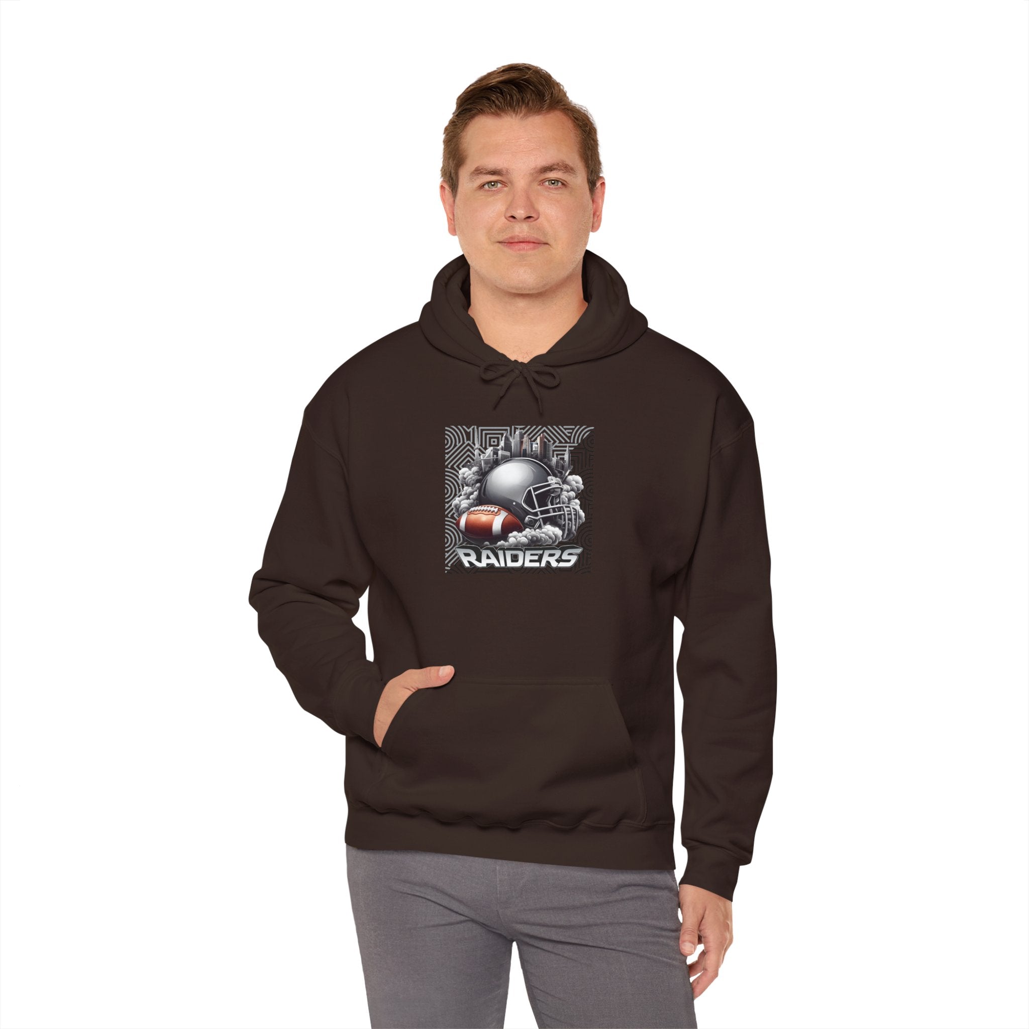 Gray Football and Helmet Shield Raiders Hoodie - Bold and Dominant, Ultimate Game-Day Gear, Raiders Football Hoodie Unisex