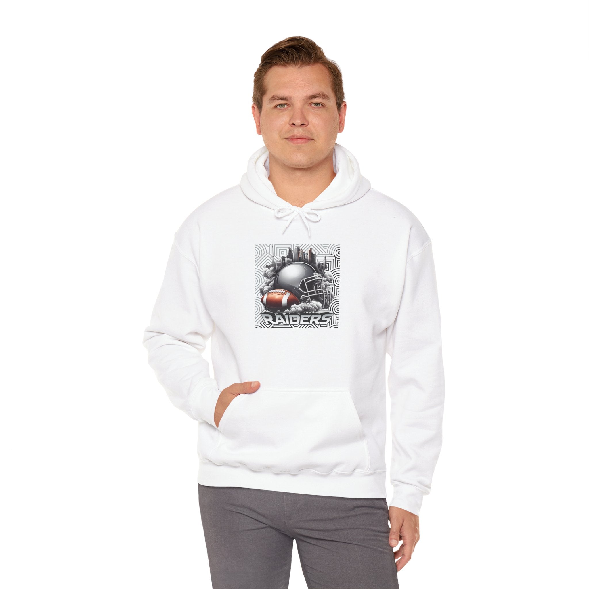 Gray Football and Helmet Shield Raiders Hoodie - Bold and Dominant, Ultimate Game-Day Gear, Raiders Football Hoodie Unisex