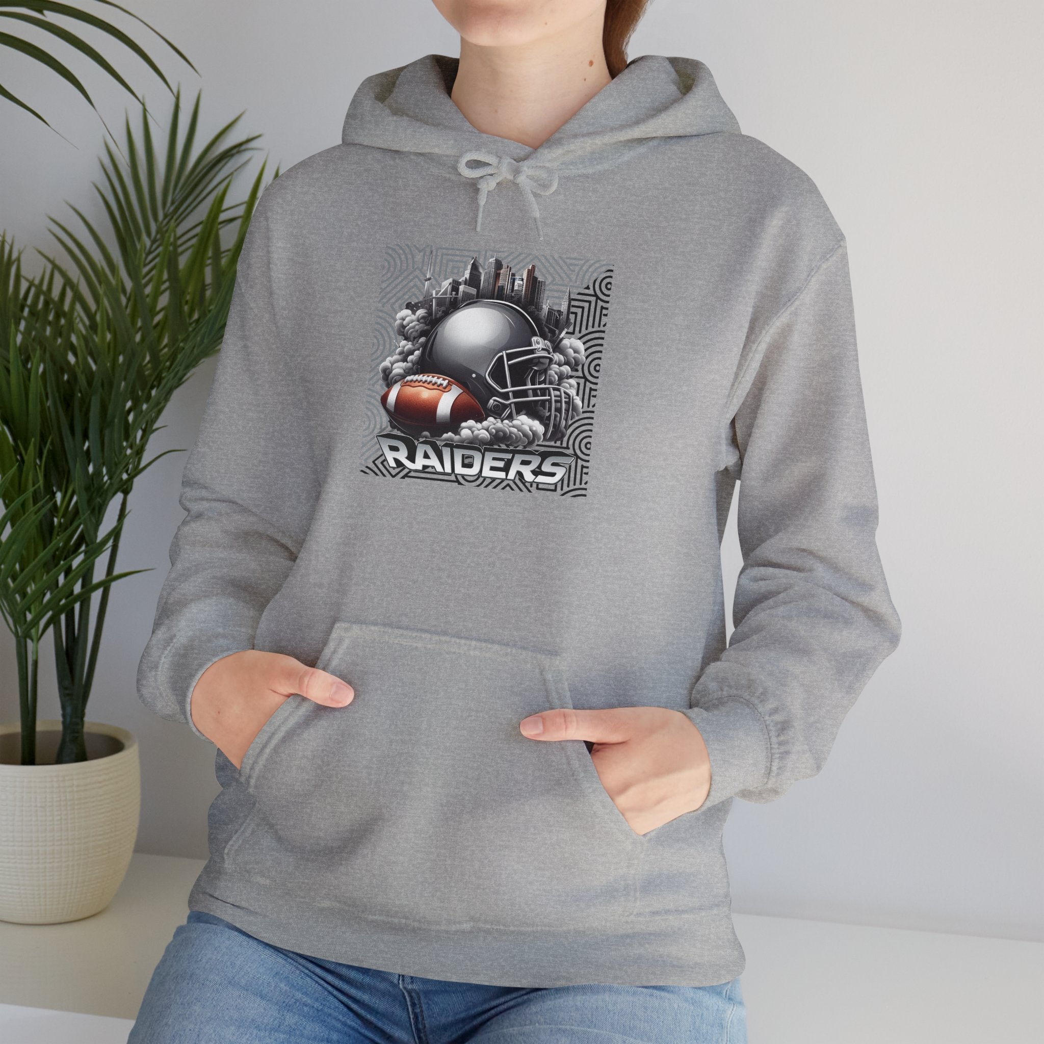 Gray Football and Helmet Shield Raiders Hoodie - Bold and Dominant, Ultimate Game-Day Gear, Raiders Football Hoodie Unisex