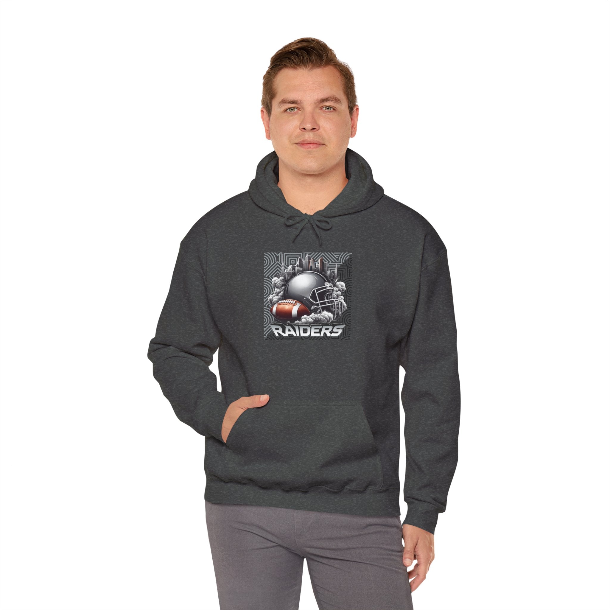 Gray Football and Helmet Shield Raiders Hoodie - Bold and Dominant, Ultimate Game-Day Gear, Raiders Football Hoodie Unisex