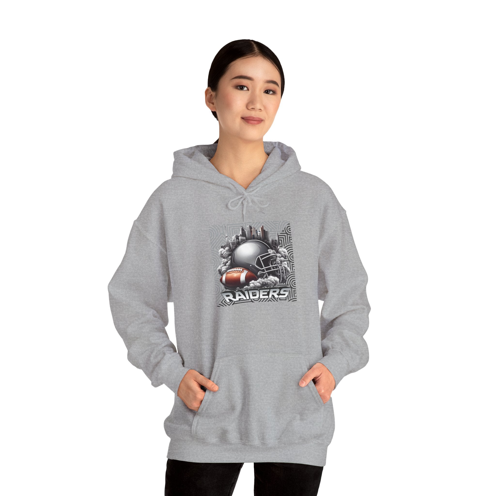 Gray Football and Helmet Shield Raiders Hoodie - Bold and Dominant, Ultimate Game-Day Gear, Raiders Football Hoodie Unisex