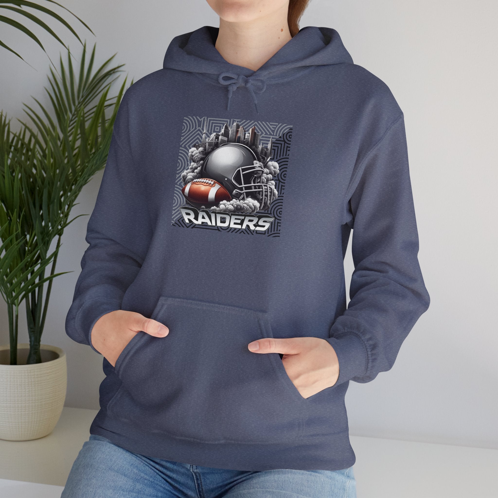 Gray Football and Helmet Shield Raiders Hoodie - Bold and Dominant, Ultimate Game-Day Gear, Raiders Football Hoodie Unisex