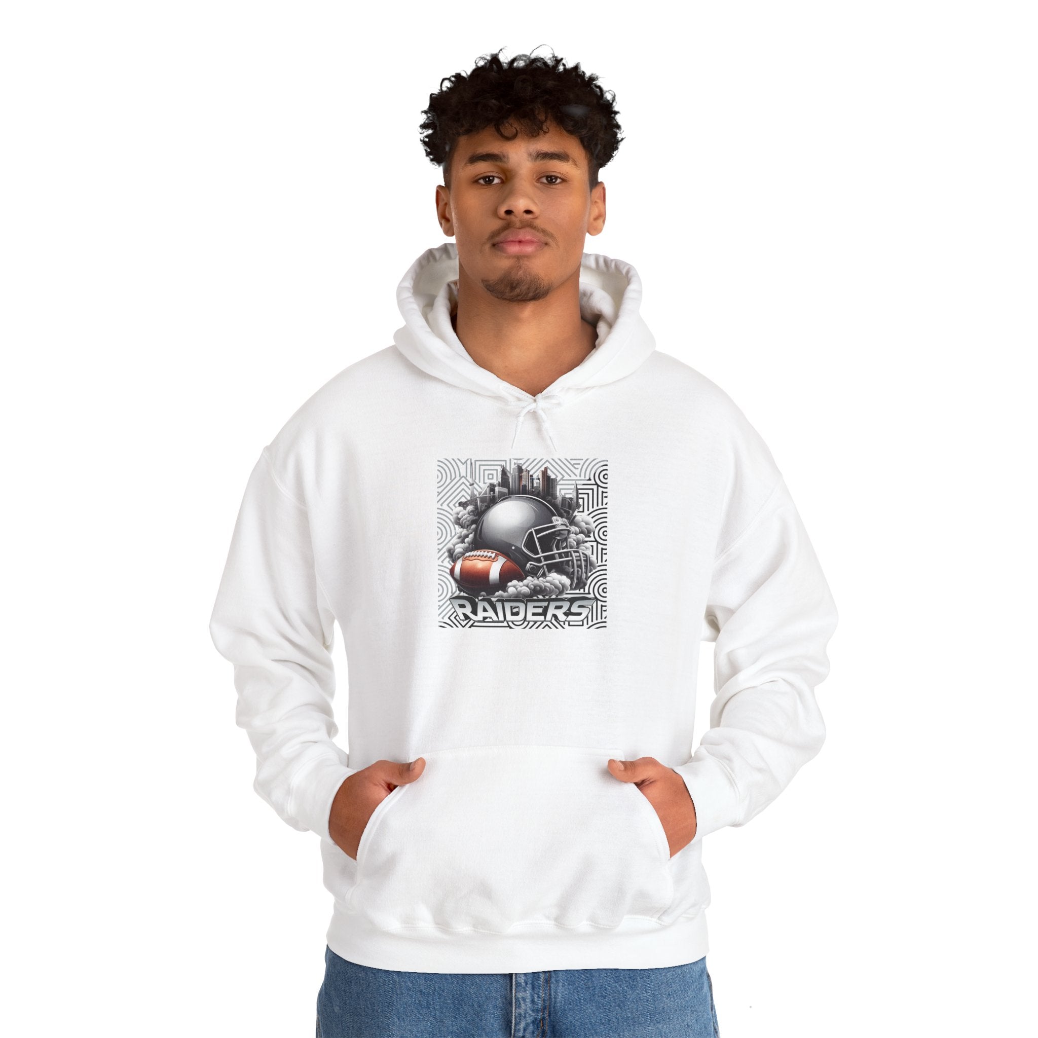 Gray Football and Helmet Shield Raiders Hoodie - Bold and Dominant, Ultimate Game-Day Gear, Raiders Football Hoodie Unisex