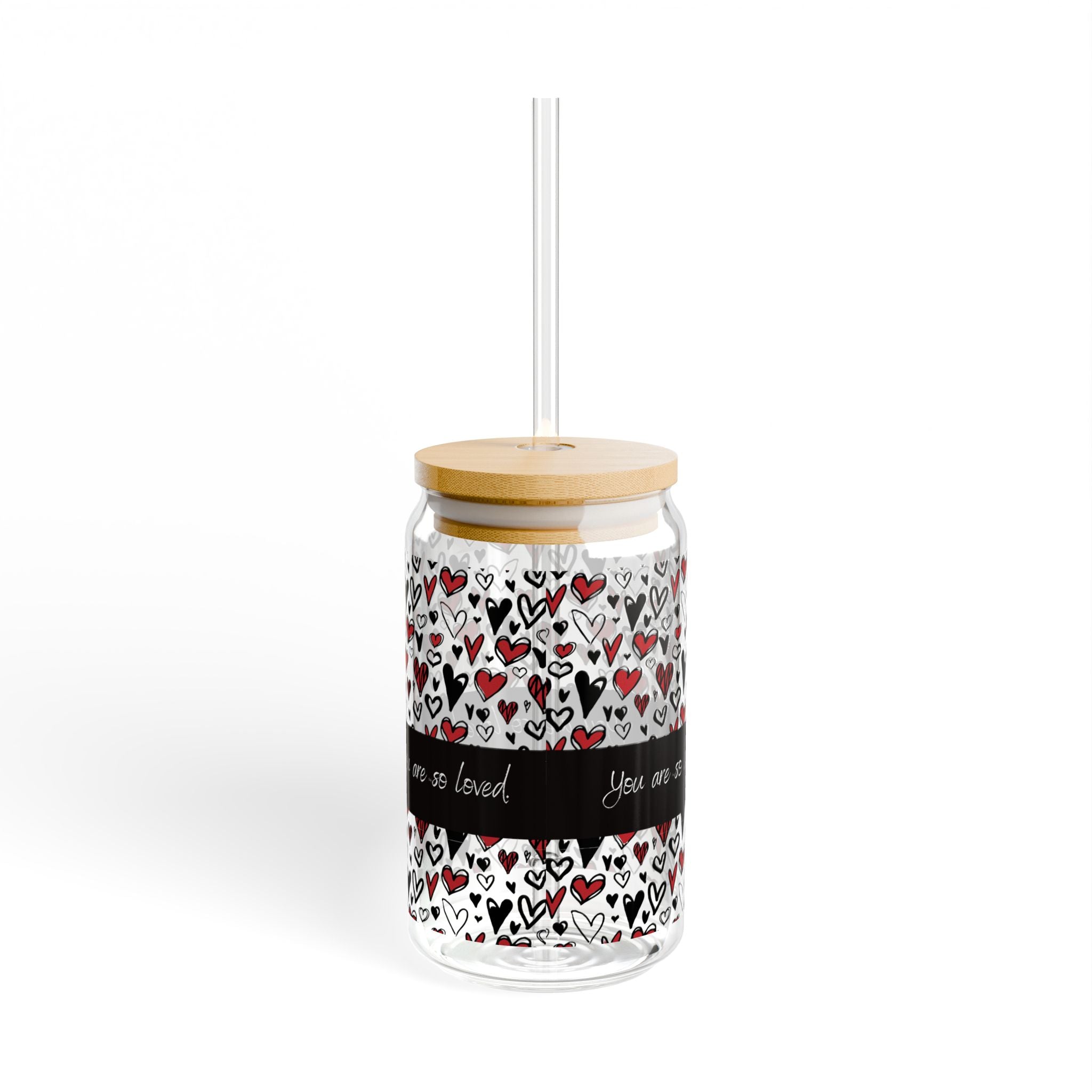 Glass Sipper 16oz - Loved Valentines Day Gift for Teachers, Girlfriend, Boyfriend, Valentines Give Away, Glasses Drinking Set, Iced Coffee Cup with Bamboo Lids, Drinking Glasses Tumbler with Straw and Lid, Glass Can Coffee Cups, Drinking Glassware