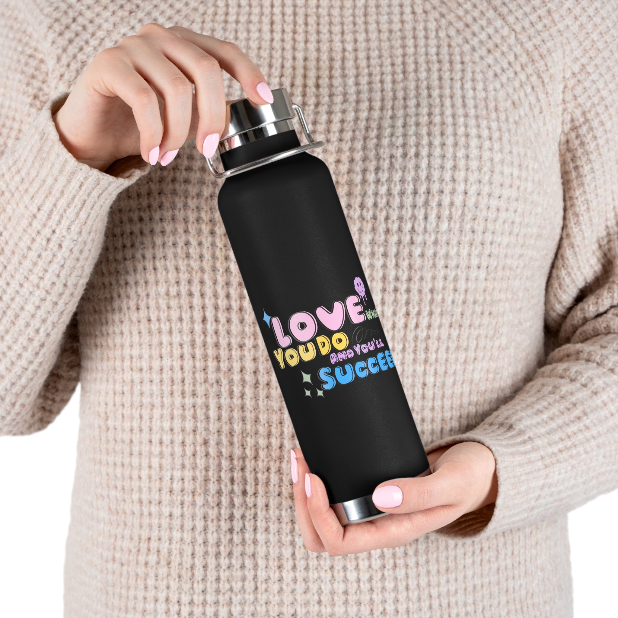 "Love What You Do and You'll Succeed " Copper Water Bottle, Inspirational Quote, Gift Tumbler, 22oz, Motivational Drinkware, Stainless Steel Thermos