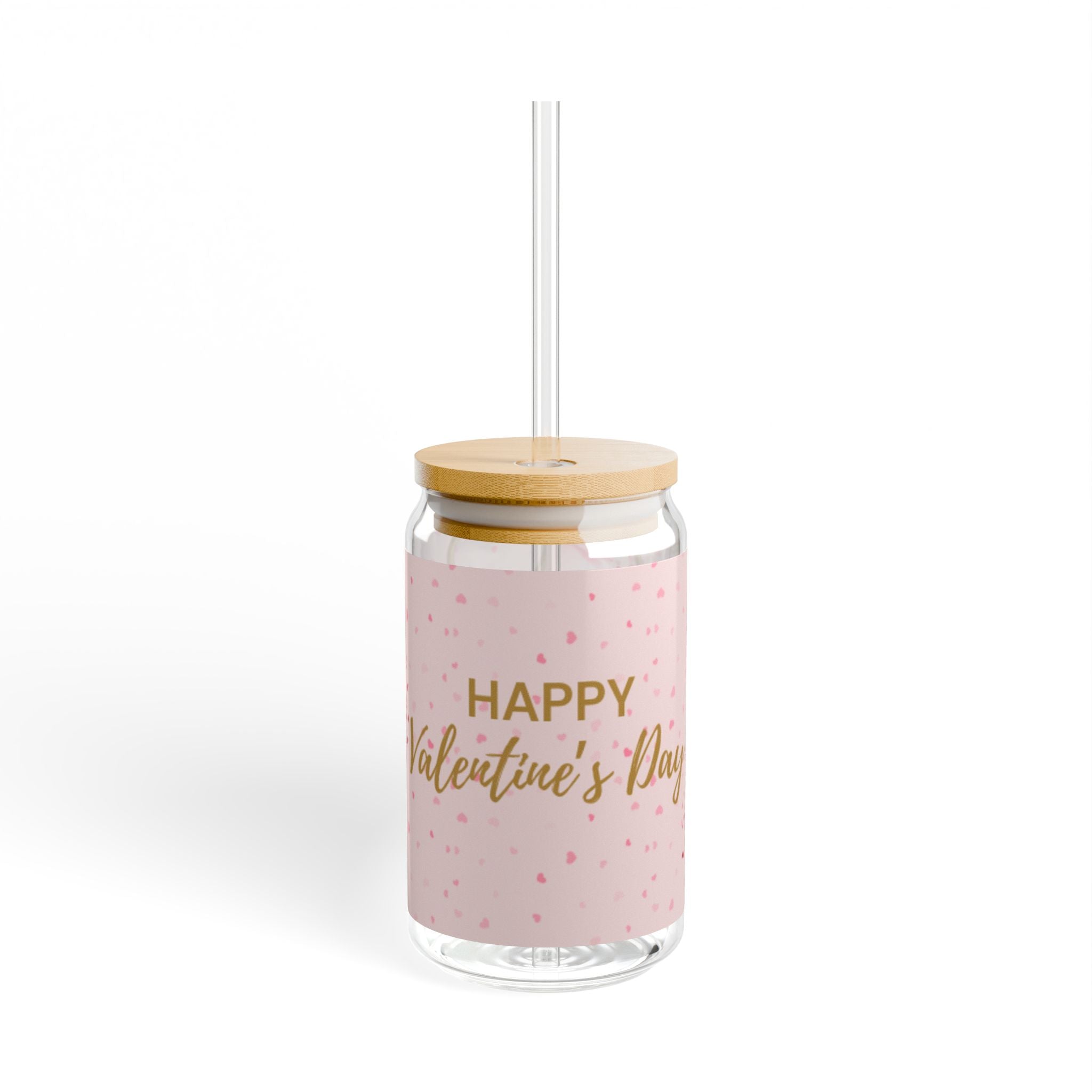 Glass Sipper 16oz -Pink Happy Valentines Day Gift for Teachers, Girlfriend, Boyfriend, Valentines Give Away, Glasses Drinking Set, Iced Coffee Cup with Bamboo Lids, Drinking Glasses Tumbler with Straw and Lid, Glass Can Coffee Cups, Drinking Glassware