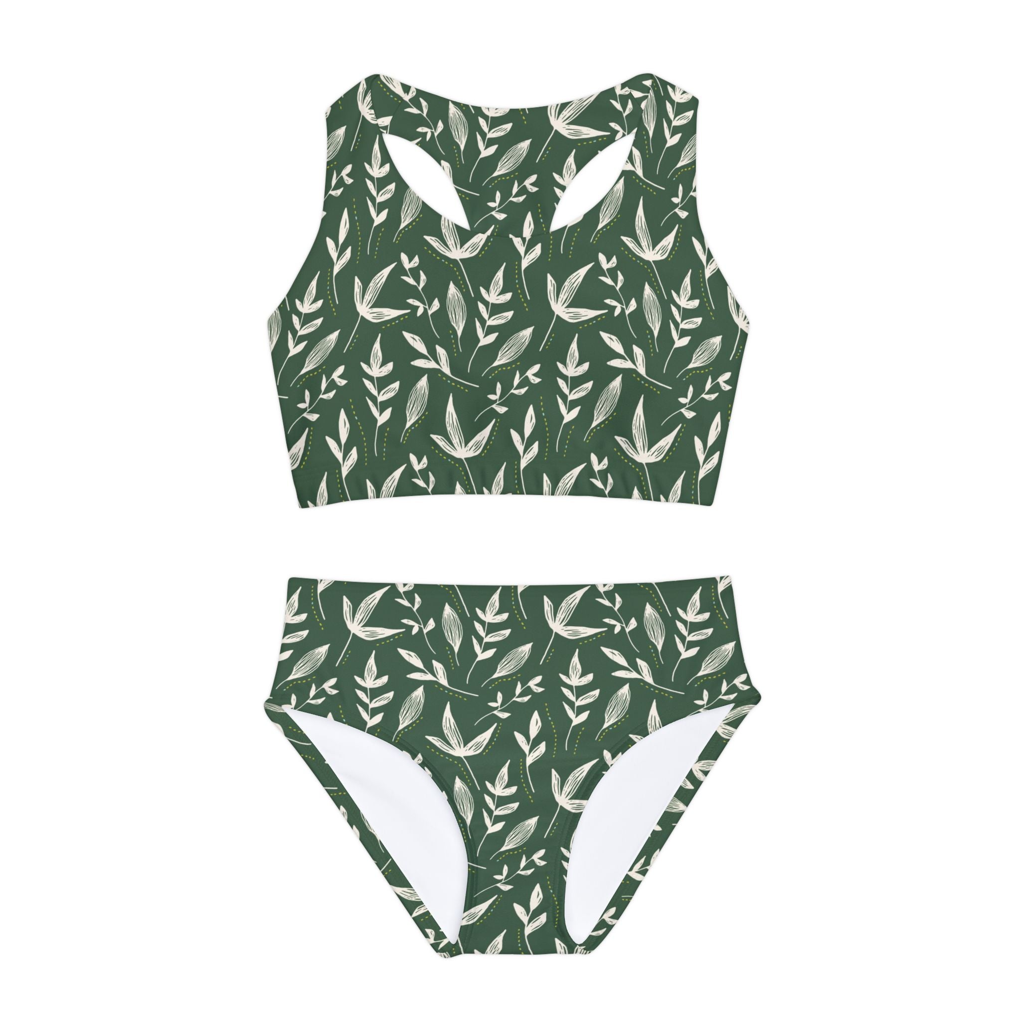 Green Print Swimsuit Set, Floral Pattern Two Piece Bathing Suit, Cute Girls Swimwear, Summer Beach Outfit, Kids Swim Set