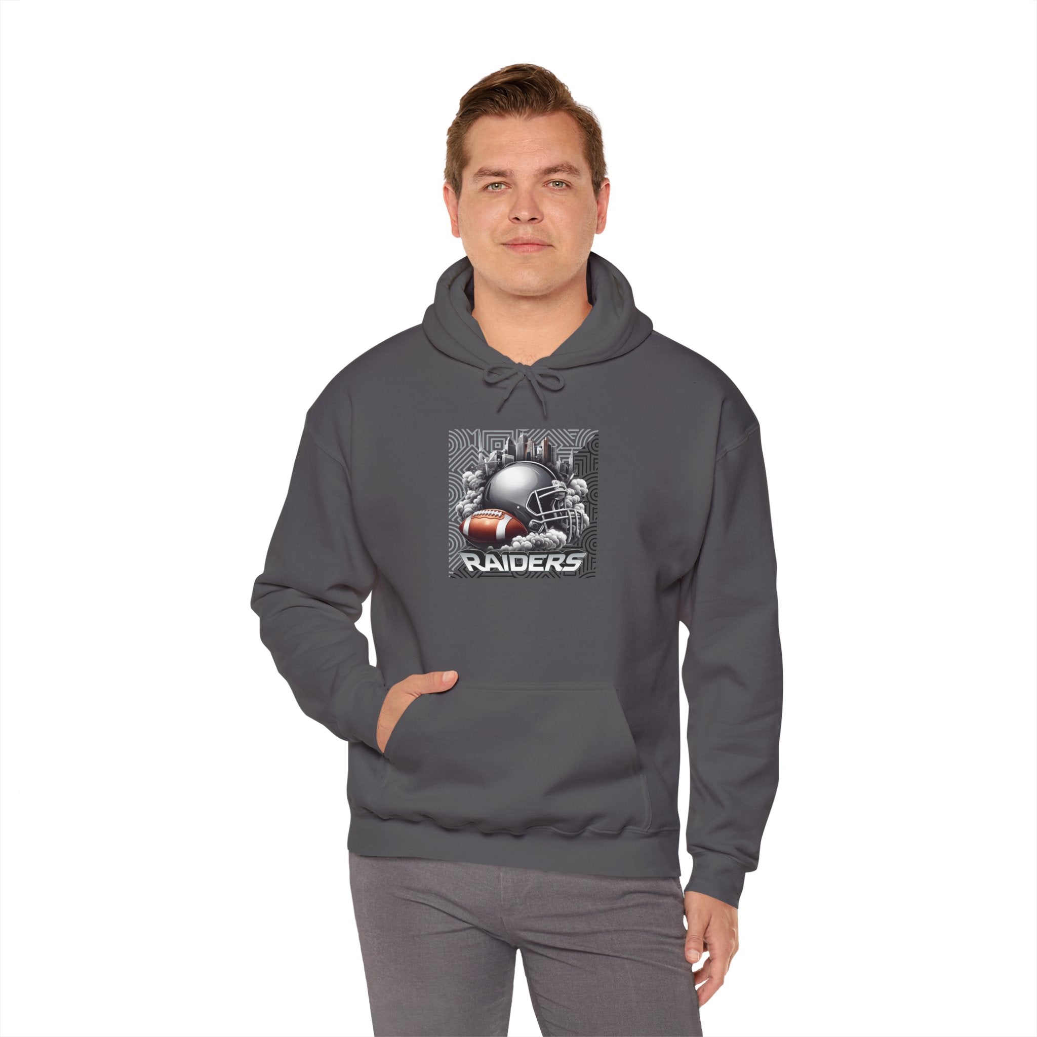 Gray Football and Helmet Shield Raiders Hoodie - Bold and Dominant, Ultimate Game-Day Gear, Raiders Football Hoodie Unisex