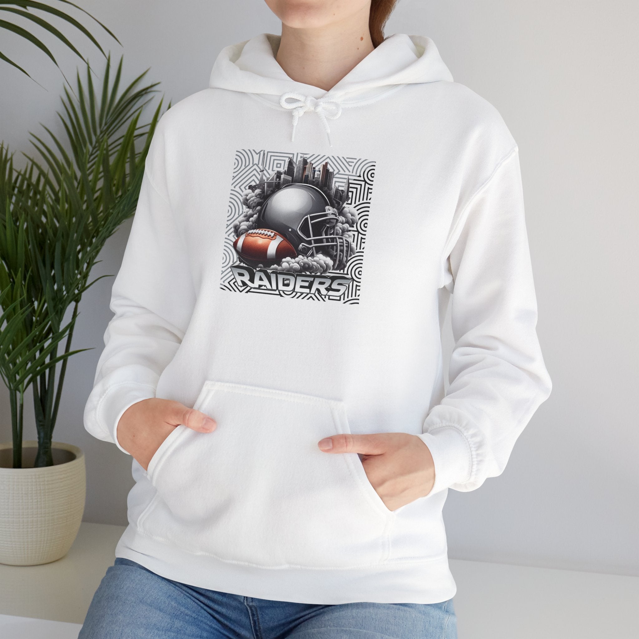 Gray Football and Helmet Shield Raiders Hoodie - Bold and Dominant, Ultimate Game-Day Gear, Raiders Football Hoodie Unisex