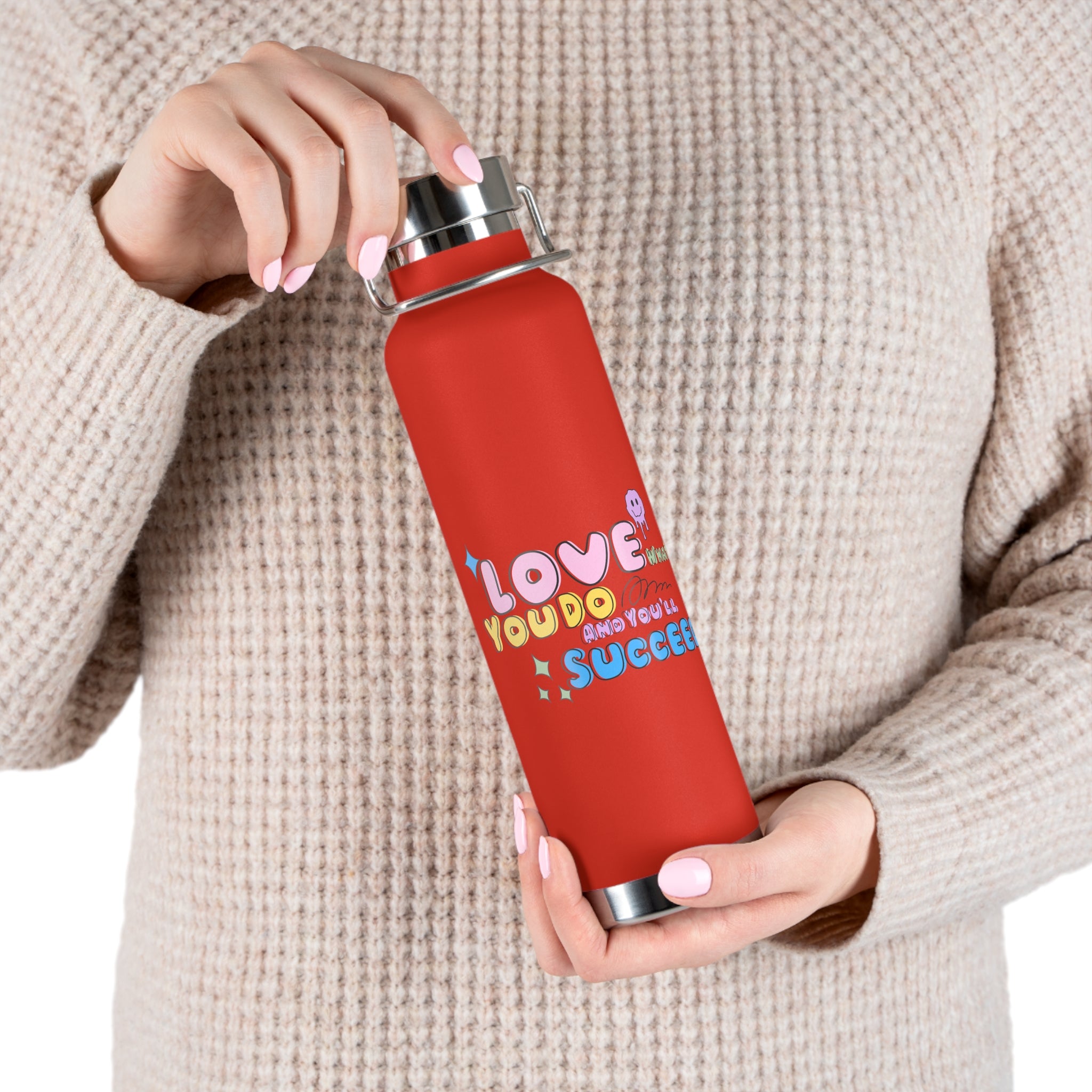 "Love What You Do and You'll Succeed " Copper Water Bottle, Inspirational Quote, Gift Tumbler, 22oz, Motivational Drinkware, Stainless Steel Thermos