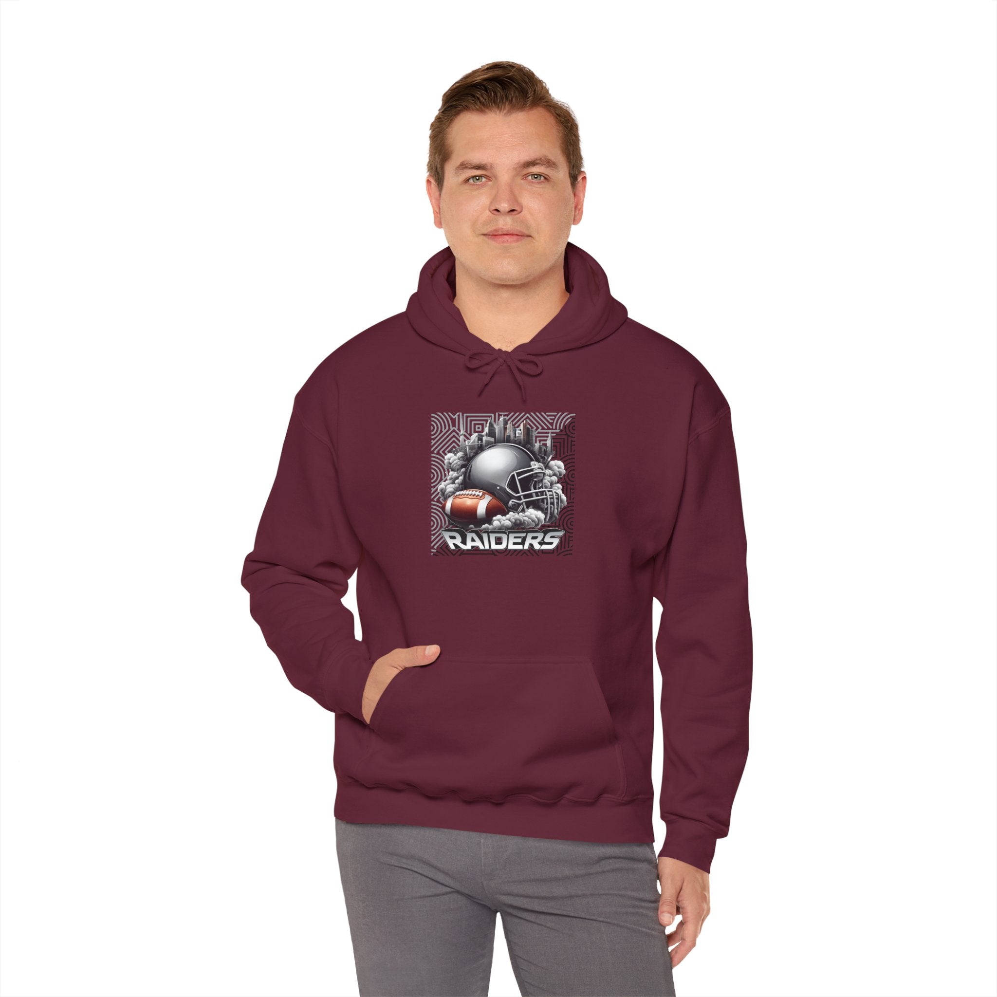 Gray Football and Helmet Shield Raiders Hoodie - Bold and Dominant, Ultimate Game-Day Gear, Raiders Football Hoodie Unisex