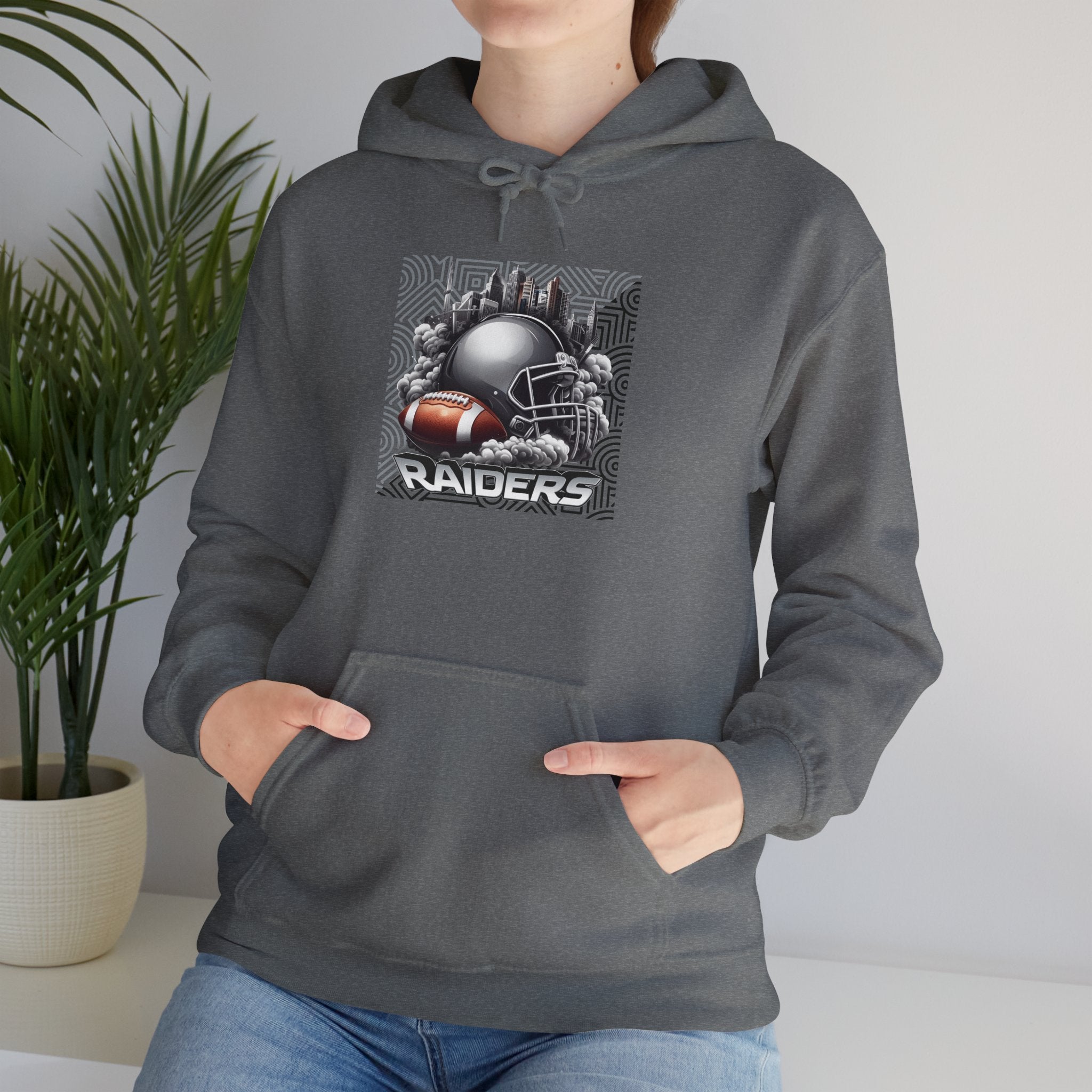 Gray Football and Helmet Shield Raiders Hoodie - Bold and Dominant, Ultimate Game-Day Gear, Raiders Football Hoodie Unisex