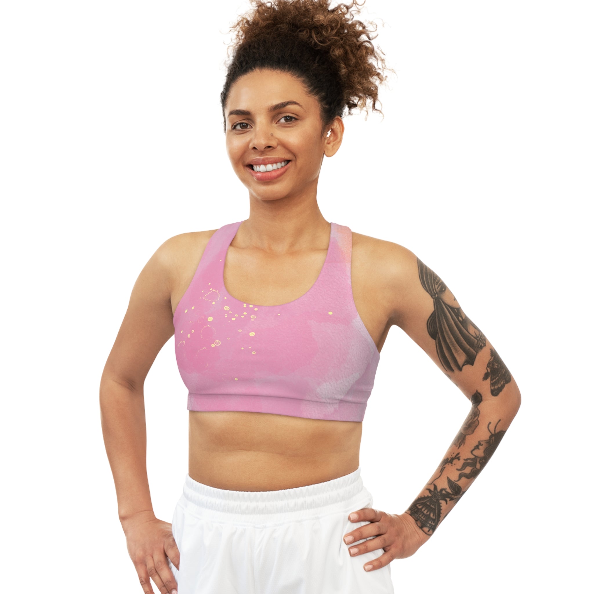 Pink Seamless, Racerback Sports Bra for Women - High Impact Workout Crop Tank Top