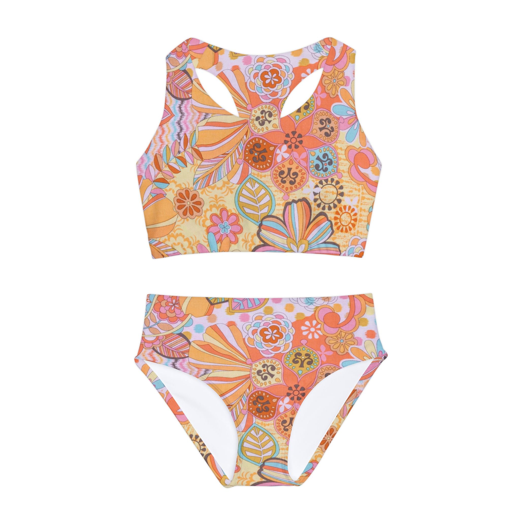 Pink and White Swimsuit Set, Floral Pattern Two Piece Bathing Suit, Cute Girls Swimwear, Summer Beach Outfit, Kids Swim Set