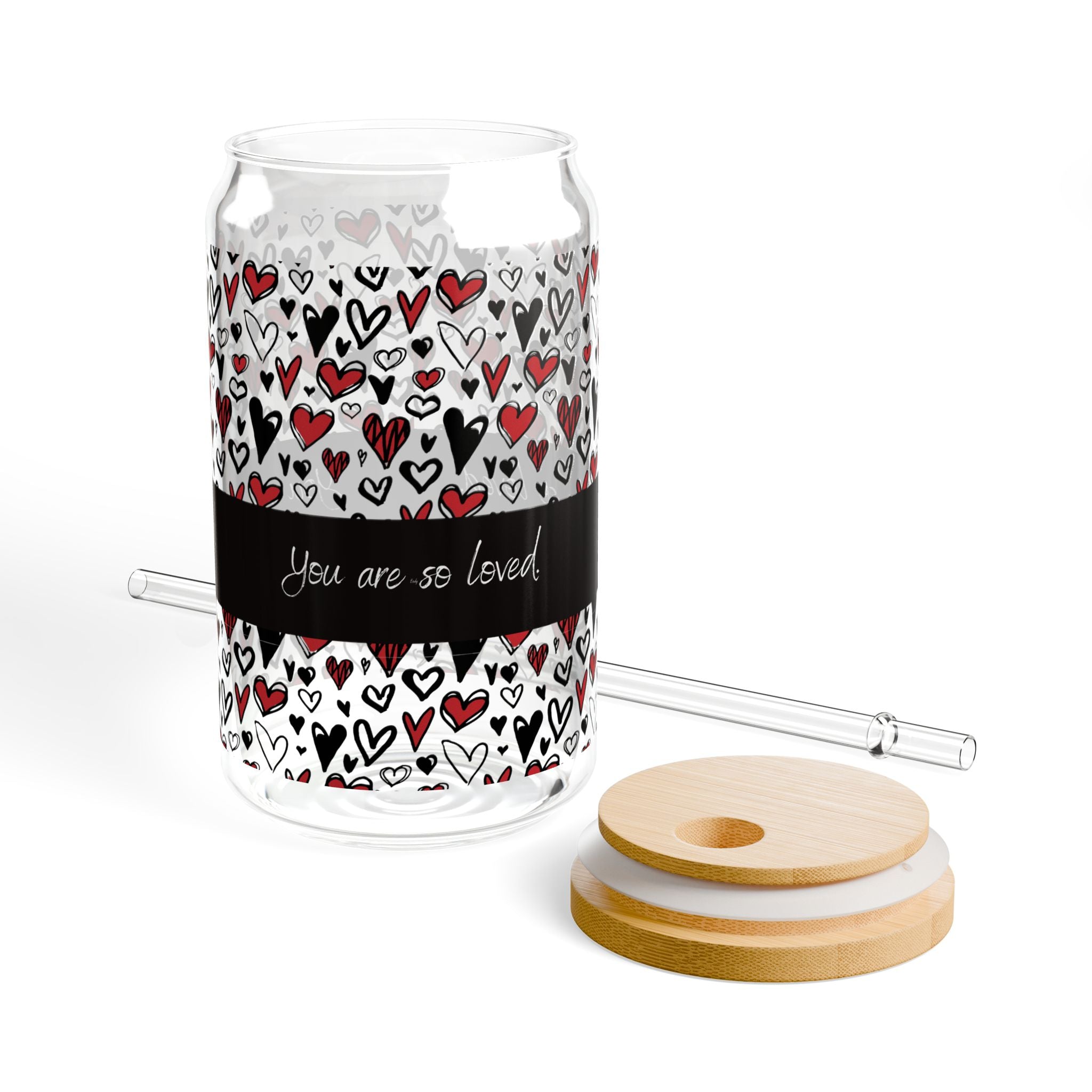 Glass Sipper 16oz - Loved Valentines Day Gift for Teachers, Girlfriend, Boyfriend, Valentines Give Away, Glasses Drinking Set, Iced Coffee Cup with Bamboo Lids, Drinking Glasses Tumbler with Straw and Lid, Glass Can Coffee Cups, Drinking Glassware