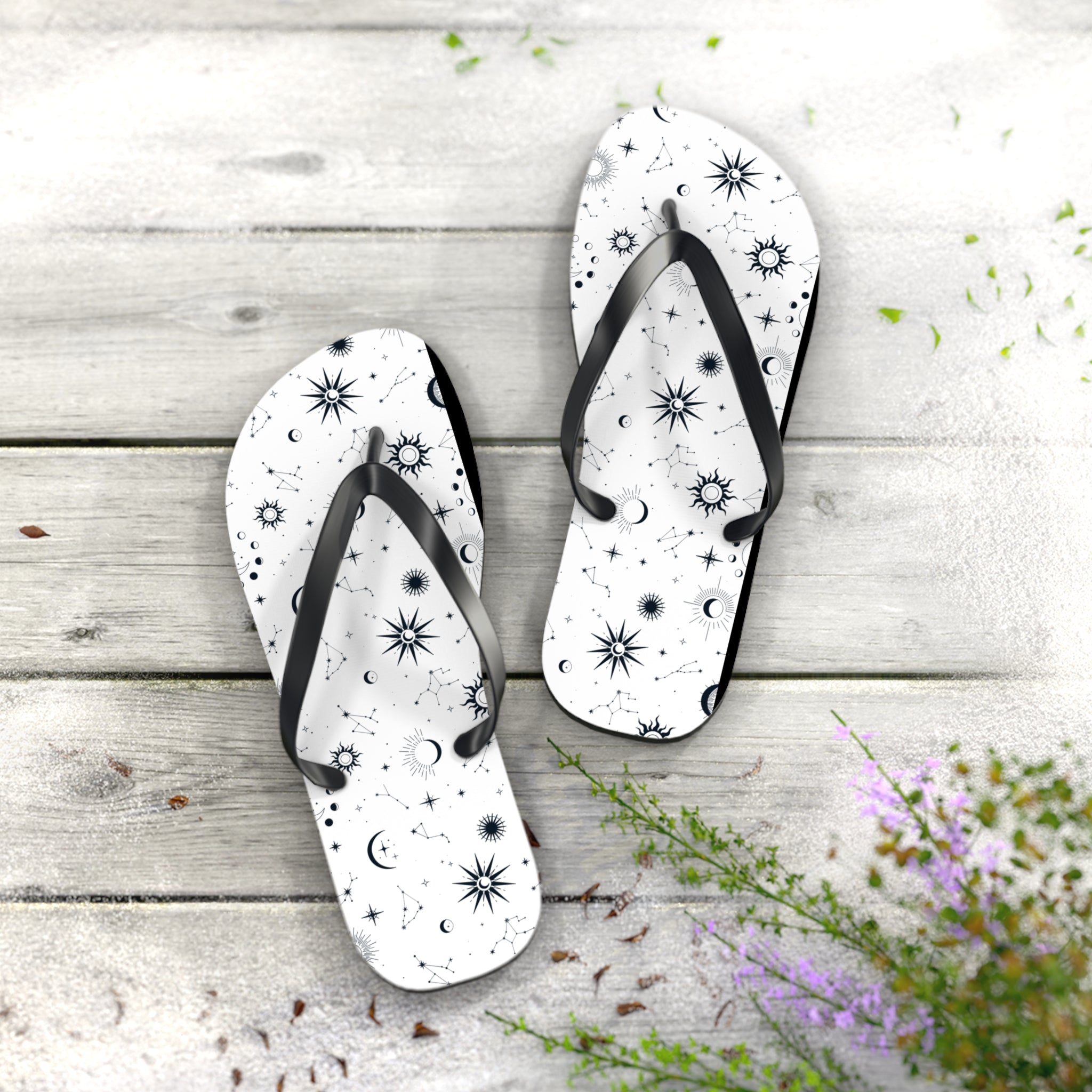 Black And White Celestial , Flip Flops for Women, Cute Designs, Everyday Use, Indoor Sleepers