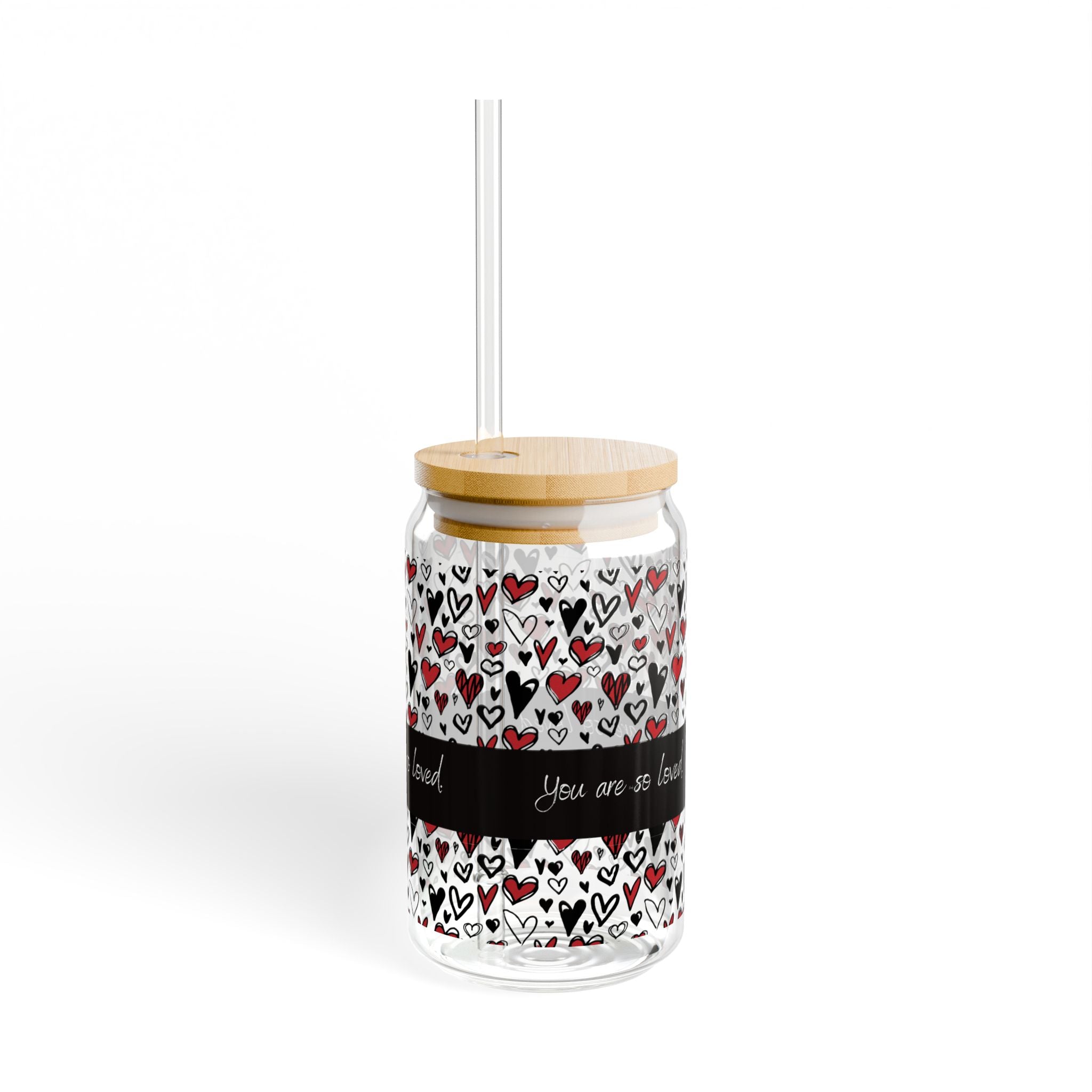 Glass Sipper 16oz - Loved Valentines Day Gift for Teachers, Girlfriend, Boyfriend, Valentines Give Away, Glasses Drinking Set, Iced Coffee Cup with Bamboo Lids, Drinking Glasses Tumbler with Straw and Lid, Glass Can Coffee Cups, Drinking Glassware