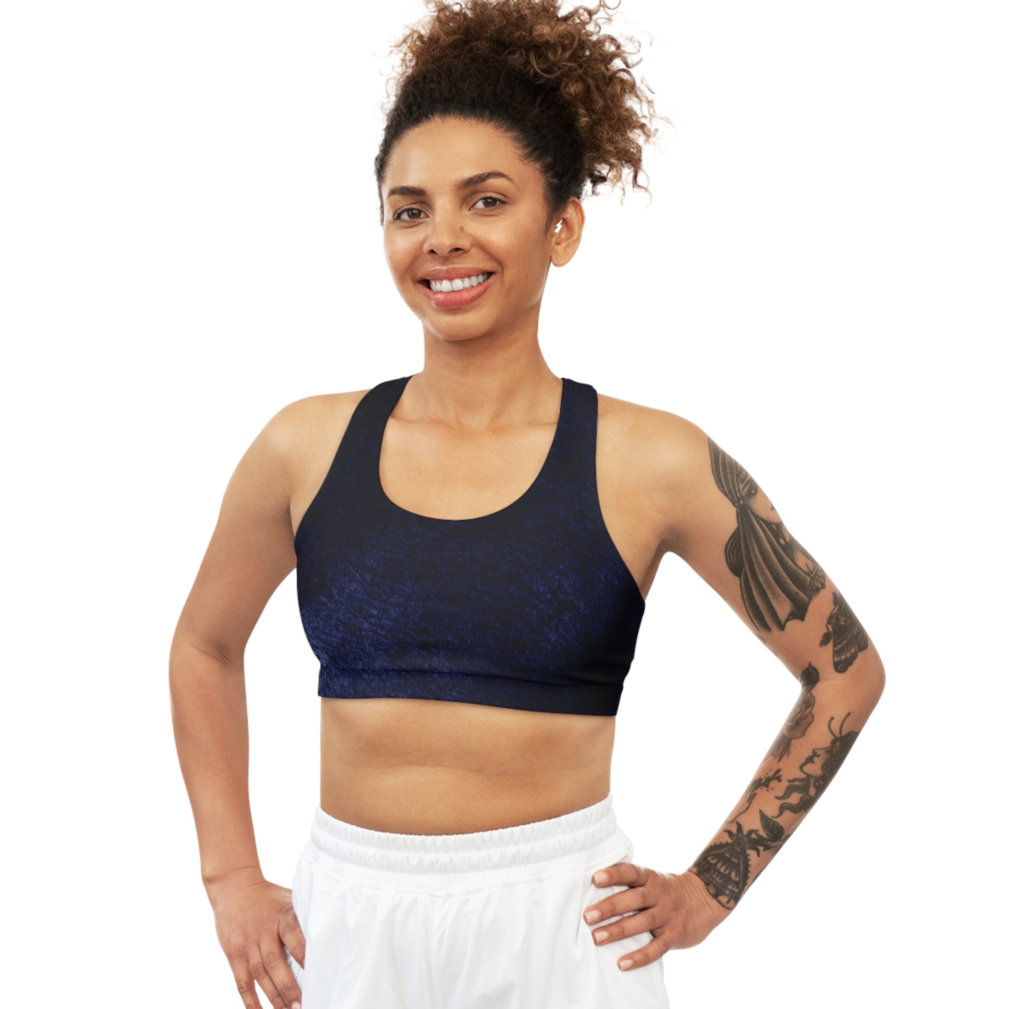 Navy Blue Seamless, Racerback Sports Bra for Women - High Impact Workout Crop Tank Top