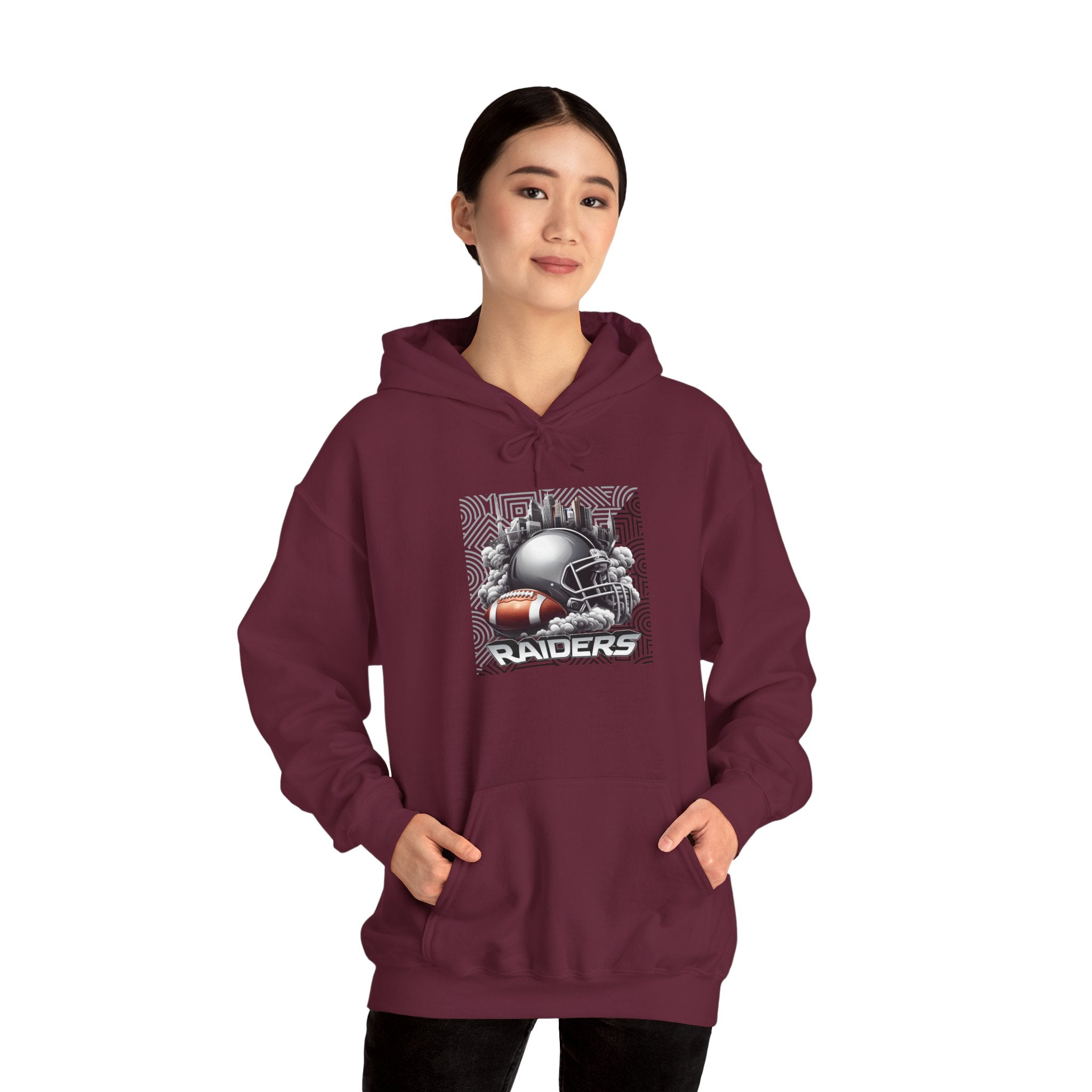 Gray Football and Helmet Shield Raiders Hoodie - Bold and Dominant, Ultimate Game-Day Gear, Raiders Football Hoodie Unisex