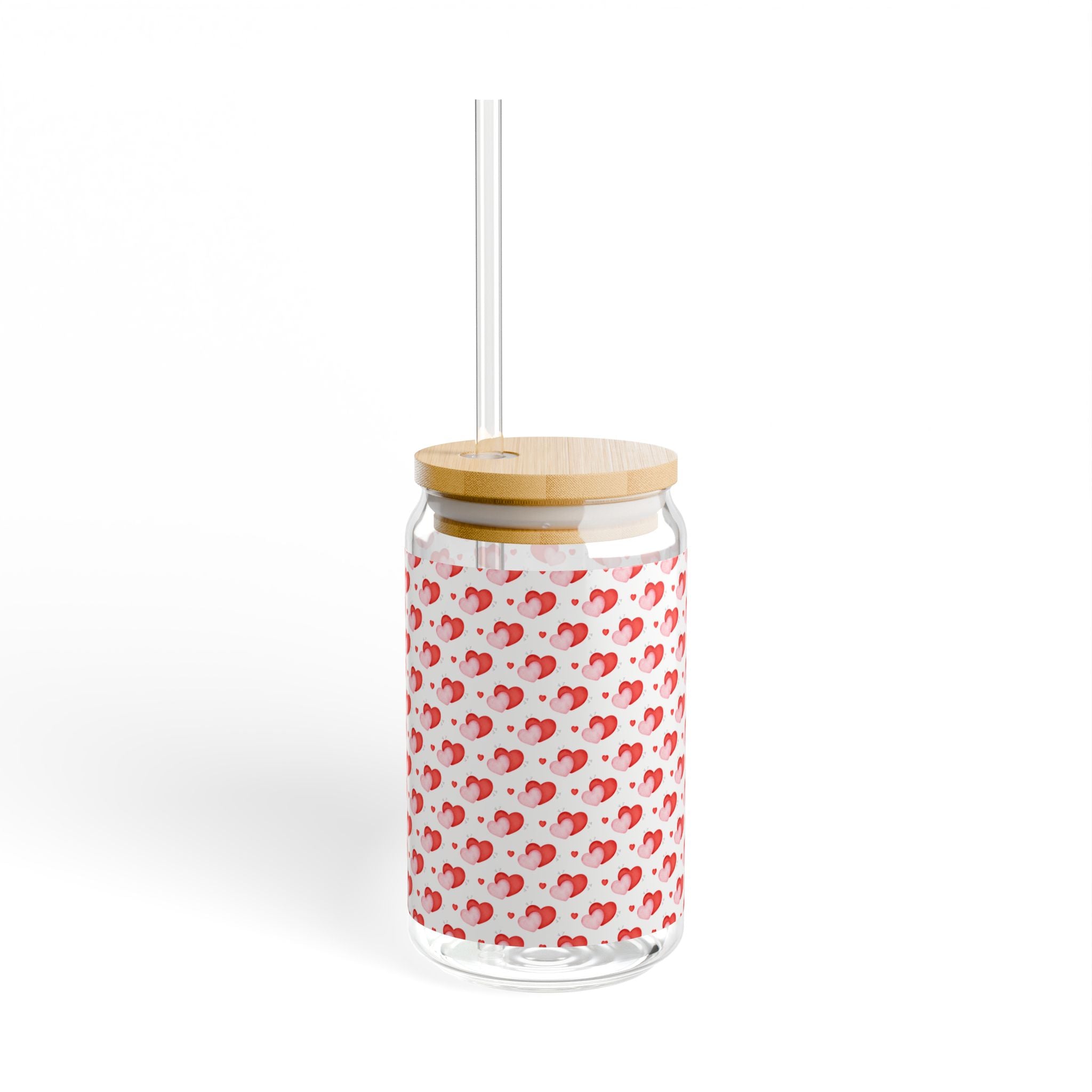 Glass Sipper 16oz - Cute Heart Valentines Day Gift for Teachers, Girlfriend, Boyfriend, Valentines Give Away, Glasses Drinking Set, Iced Coffee Cup with Bamboo Lids, Drinking Glasses Tumbler with Straw and Lid, Glass Can Coffee Cups, Drinking Glassware