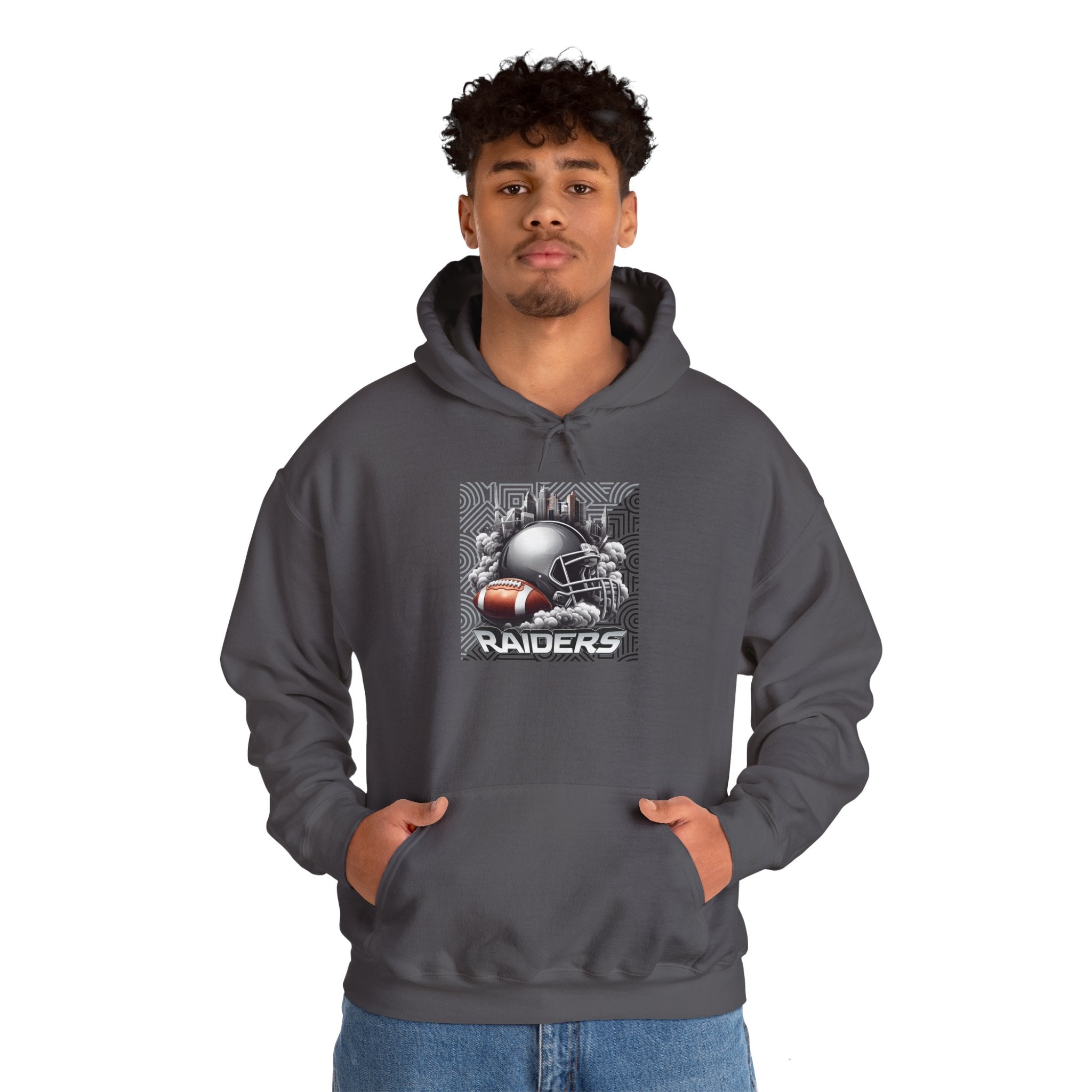 Gray Football and Helmet Shield Raiders Hoodie - Bold and Dominant, Ultimate Game-Day Gear, Raiders Football Hoodie Unisex