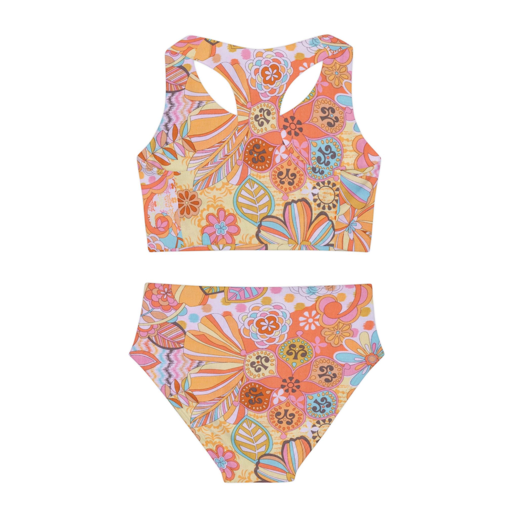 Pink and White Swimsuit Set, Floral Pattern Two Piece Bathing Suit, Cute Girls Swimwear, Summer Beach Outfit, Kids Swim Set