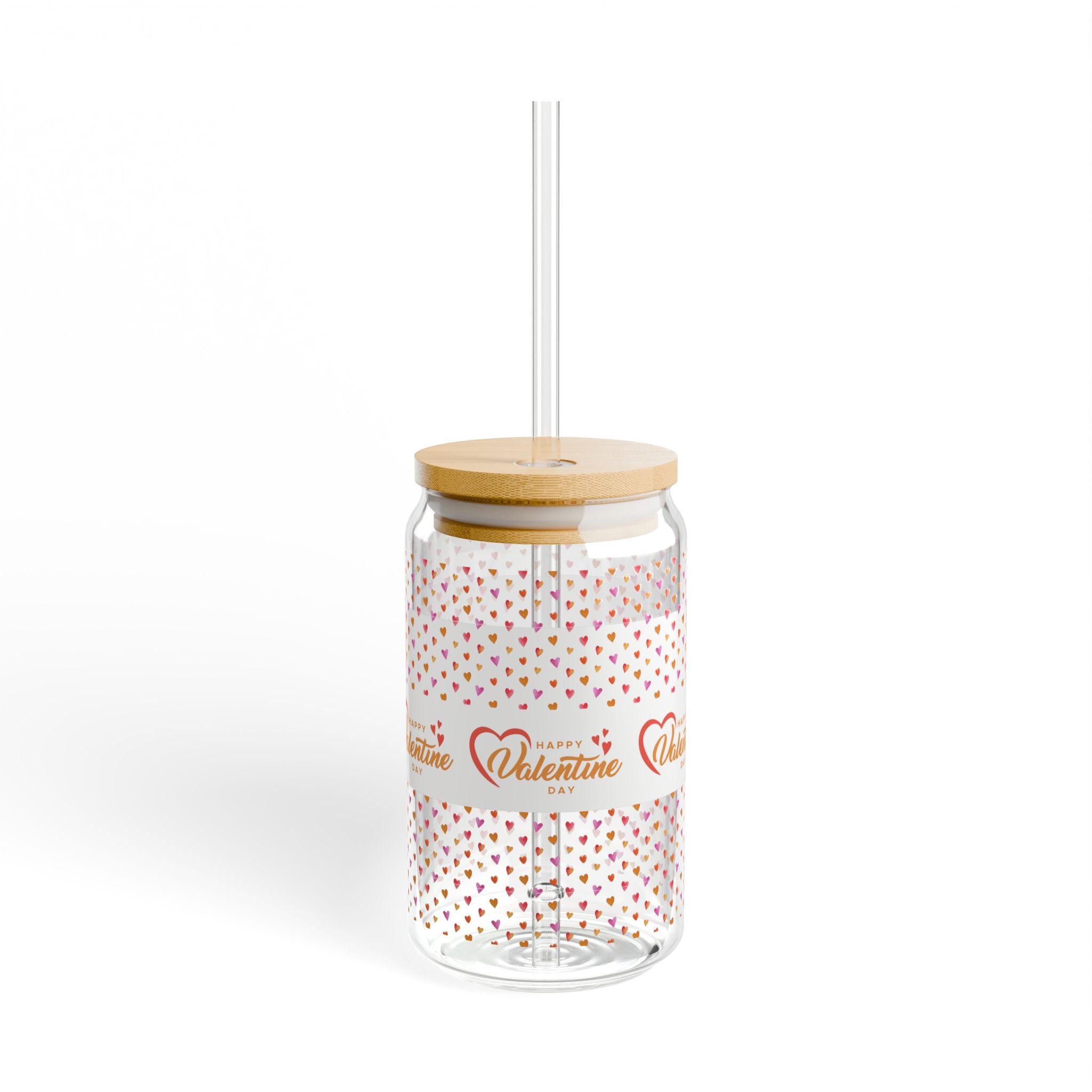Glass Sipper 16oz - Orange Happy Valentines Day Gift for Teachers, Girlfriend, Boyfriend, Valentines Give Away, Glasses Drinking Set, Iced Coffee Cup with Bamboo Lids, Drinking Glasses Tumbler with Straw and Lid, Glass Can Coffee Cups, Drinking Glassware