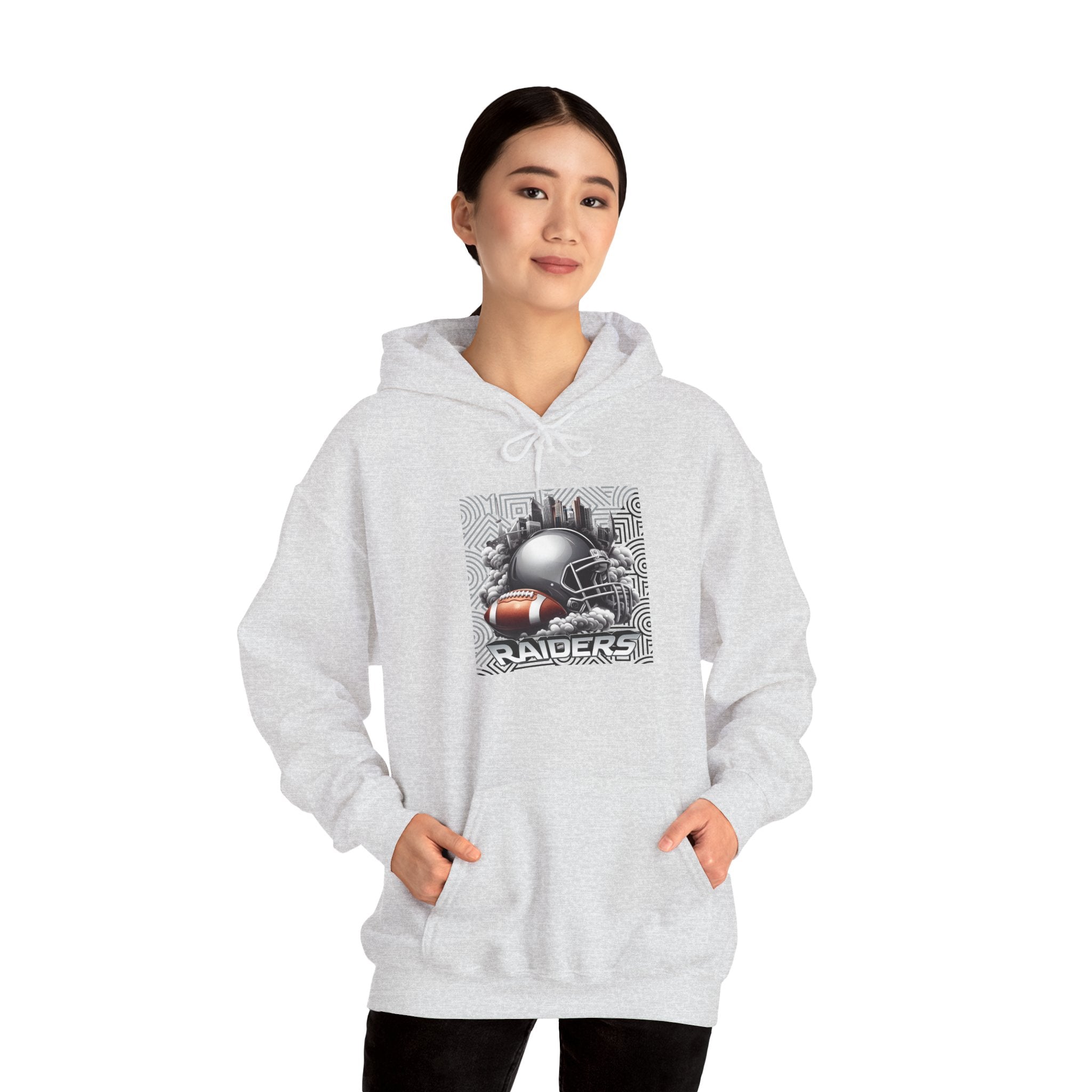 Gray Football and Helmet Shield Raiders Hoodie - Bold and Dominant, Ultimate Game-Day Gear, Raiders Football Hoodie Unisex