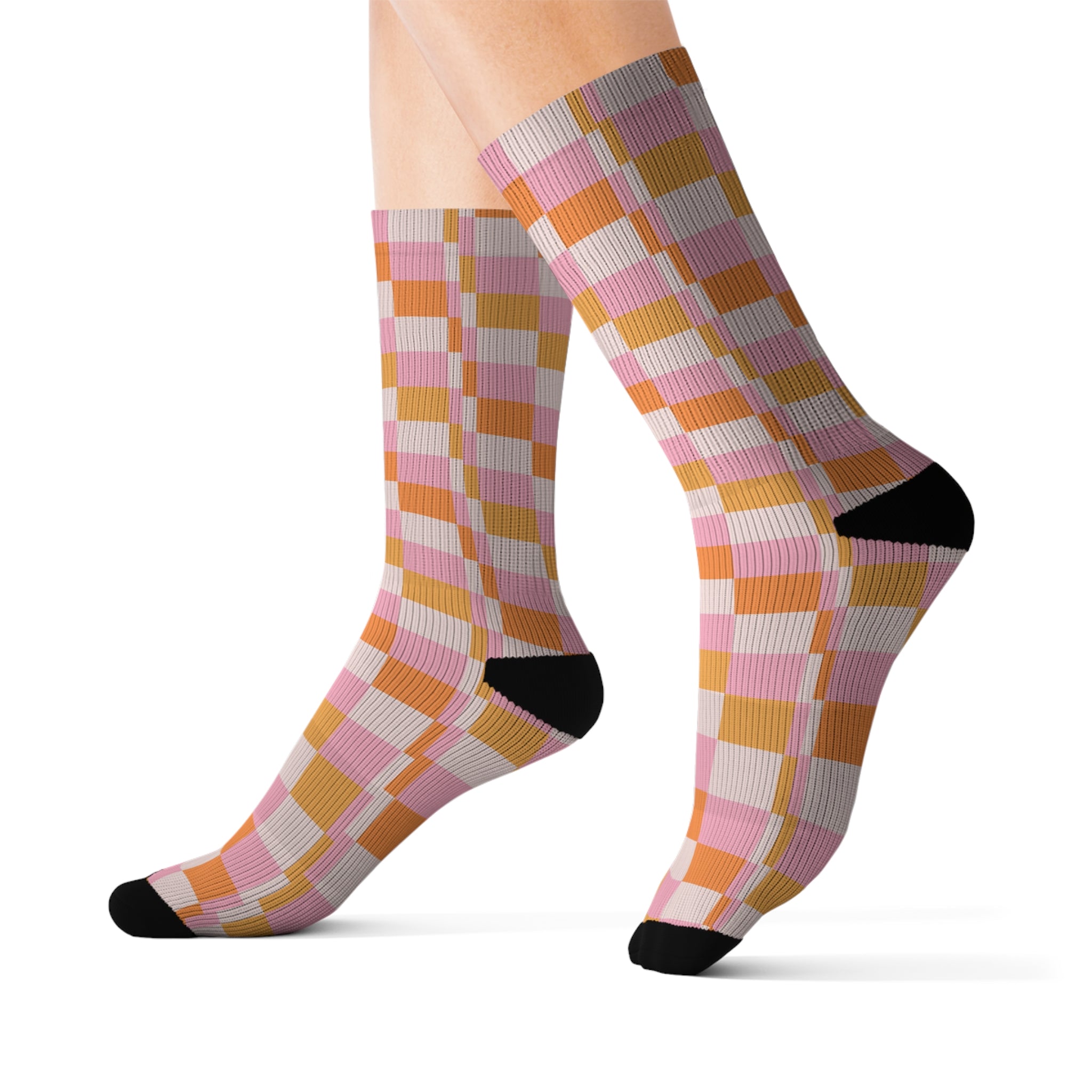 Orange And Pink Retro Checkered Pattern Socks Warm Crew Socks Socks for everyday wear