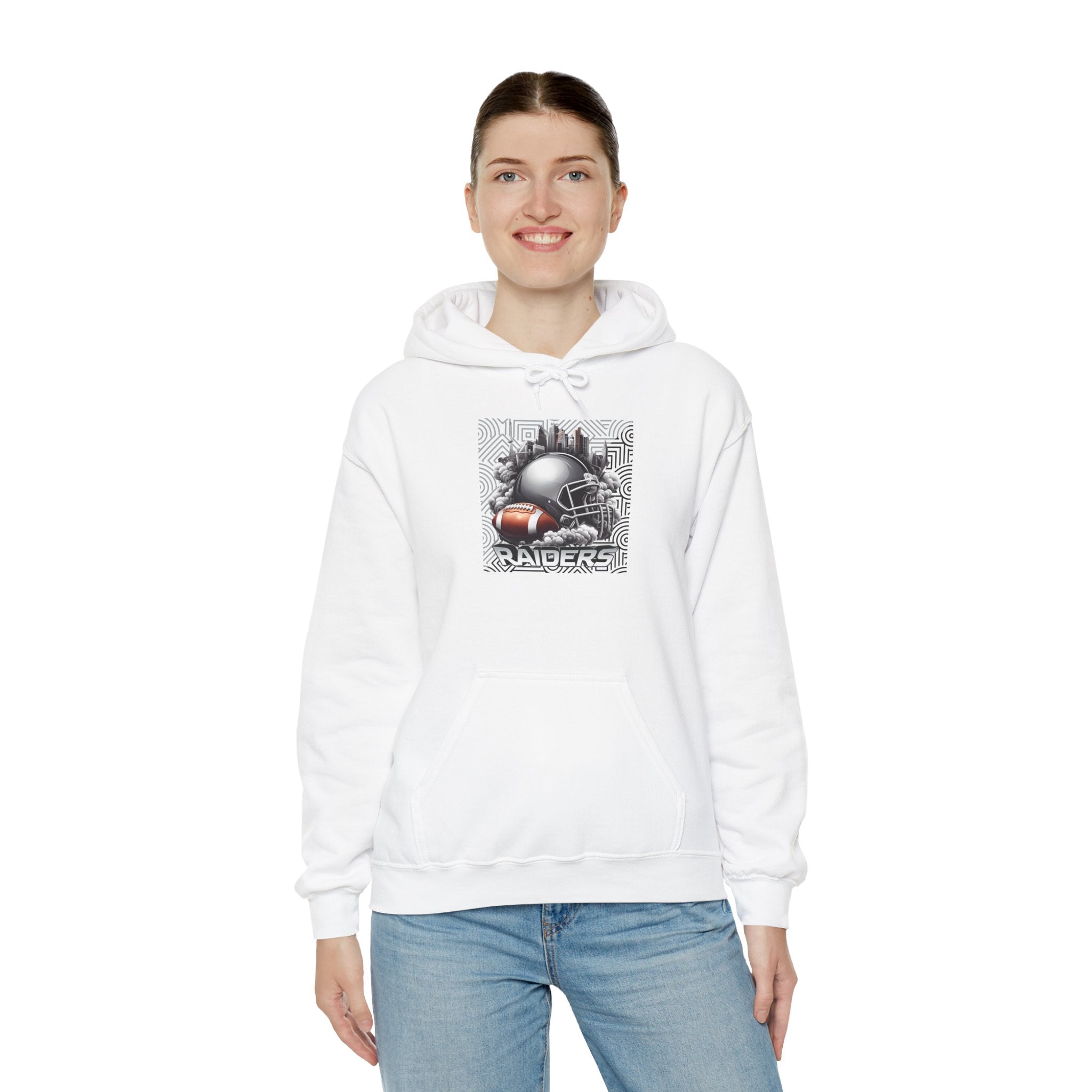Gray Football and Helmet Shield Raiders Hoodie - Bold and Dominant, Ultimate Game-Day Gear, Raiders Football Hoodie Unisex