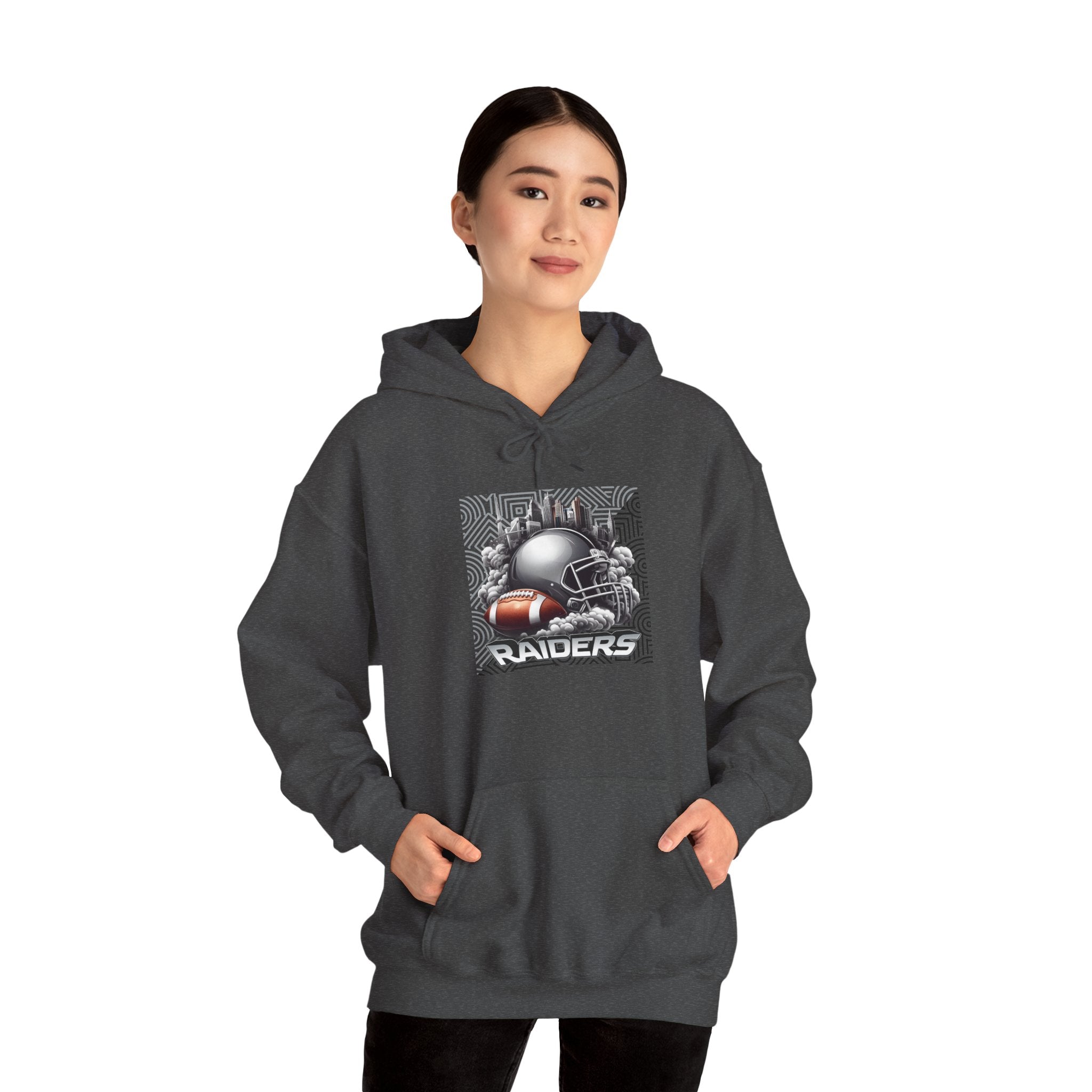 Gray Football and Helmet Shield Raiders Hoodie - Bold and Dominant, Ultimate Game-Day Gear, Raiders Football Hoodie Unisex