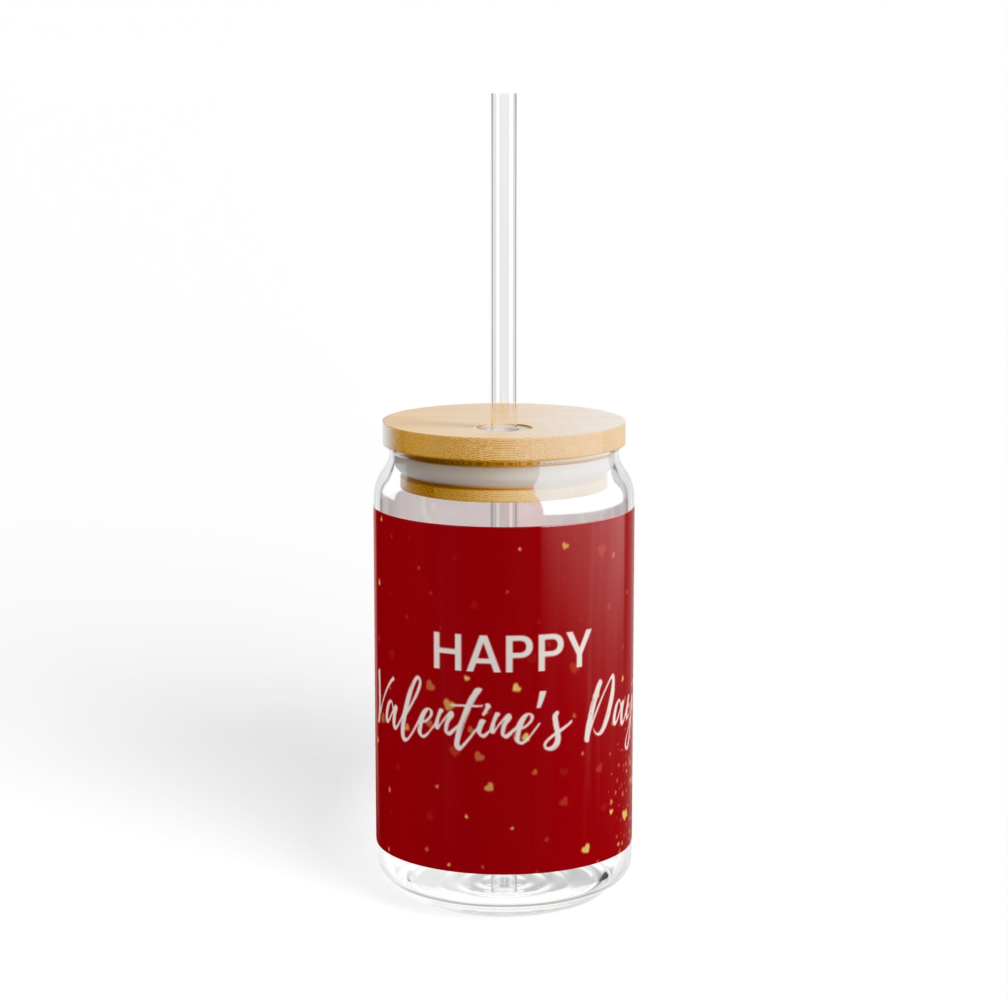 Glass Sipper 16oz -Glitter Hearts Valentines Day Gift for Teachers, Girlfriend, Boyfriend, Valentines Give Away, Glasses Drinking Set, Iced Coffee Cup with Bamboo Lids, Drinking Glasses Tumbler with Straw and Lid, Glass Can Coffee Cups, Drinking Glassware