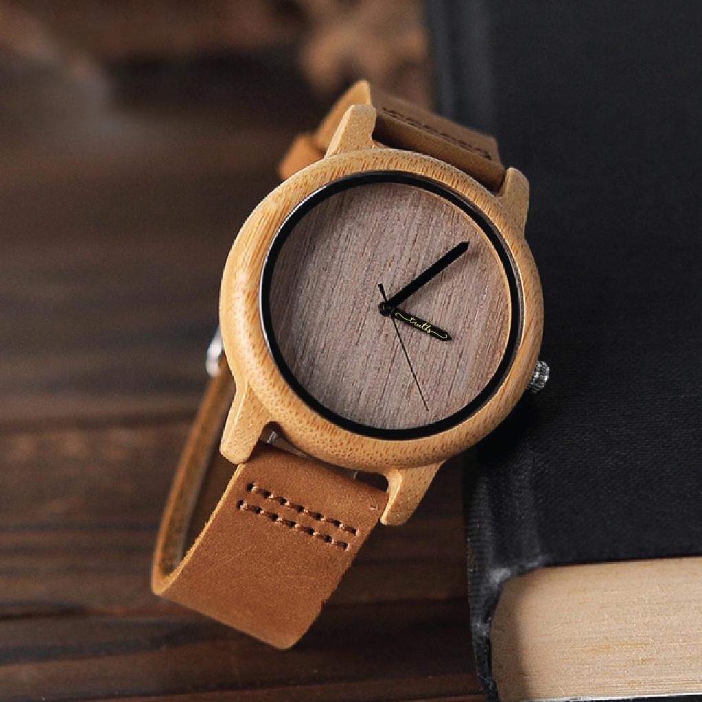 Men's Bamboo Watch Genuine Cowhide Leather Band
