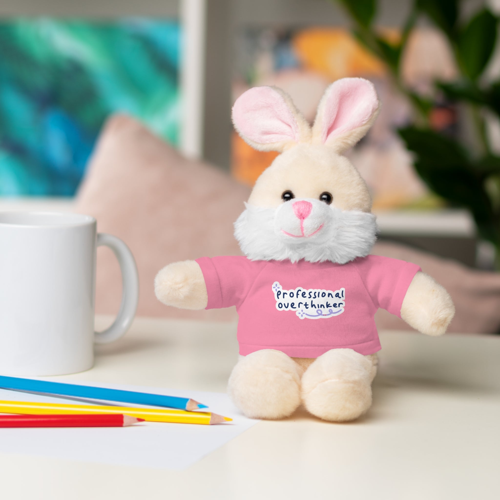 Bunny Plushy, Funny Professional Overthinker, Stuffed Animals Shirt Printed, Suitable for Soft Valentine's Day Gift