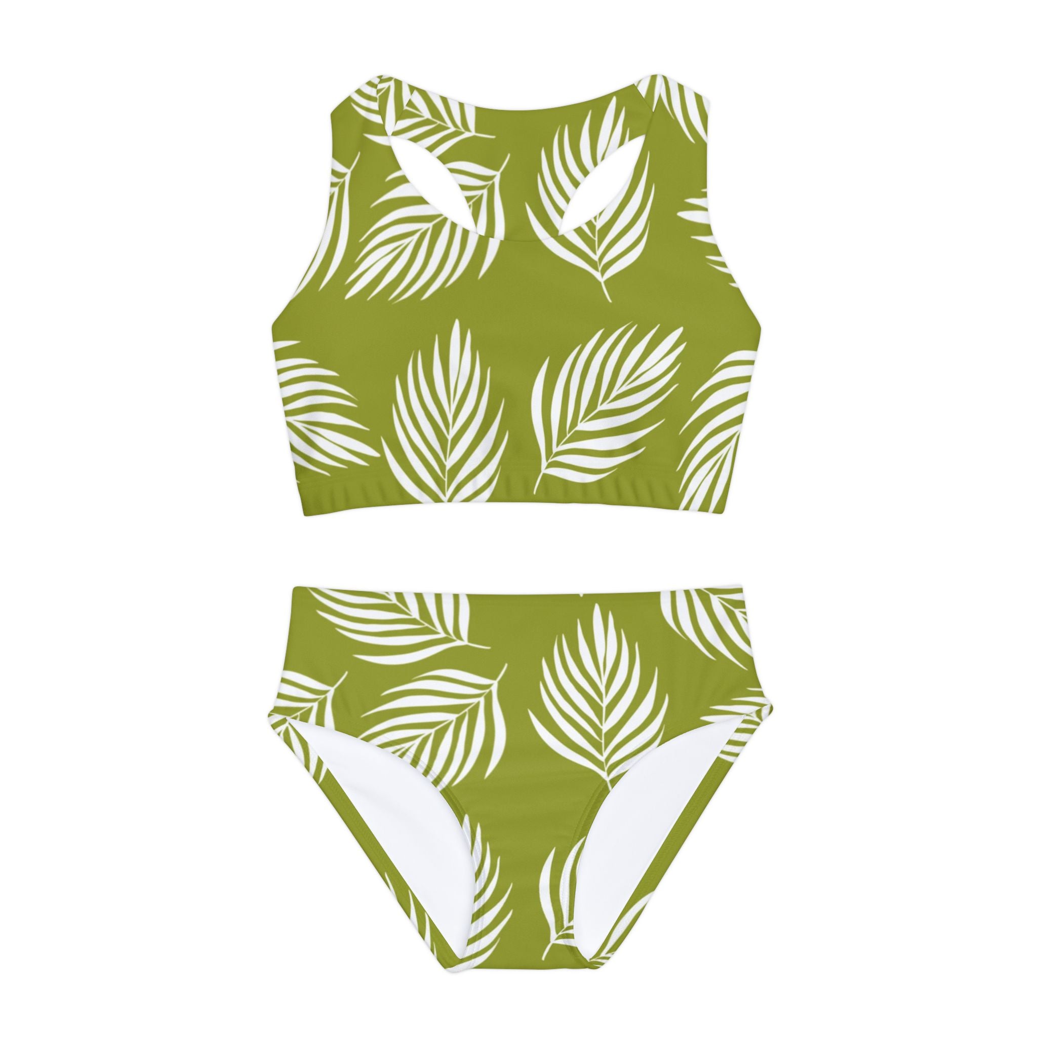 Green Leaves Print Swimsuit Set, Floral Pattern Two Piece Bathing Suit, Cute Girls Swimwear, Summer Beach Outfit, Kids Swim Set