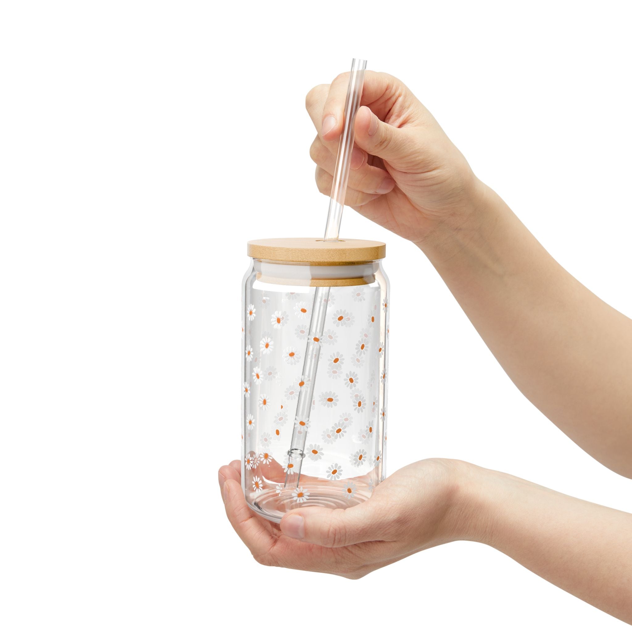 Glass Sipper 16oz - Floral Valentines Day Gift for Teachers, Girlfriend, Boyfriend, Valentines Give Away, Glasses Drinking Set, Iced Coffee Cup with Bamboo Lids, Drinking Glasses Tumbler with Straw and Lid, Glass Can Coffee Cups, Drinking Glassware