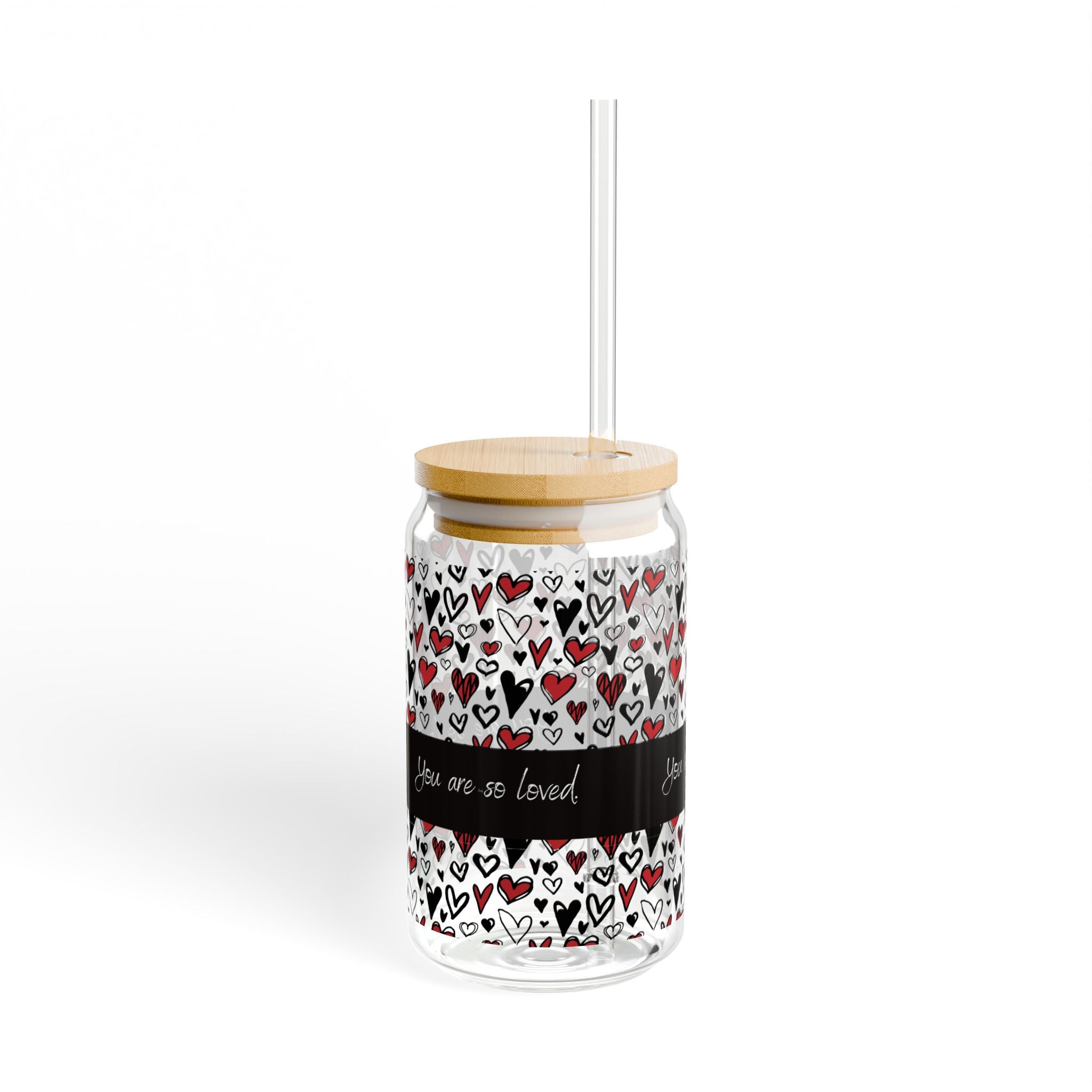 Glass Sipper 16oz - Loved Valentines Day Gift for Teachers, Girlfriend, Boyfriend, Valentines Give Away, Glasses Drinking Set, Iced Coffee Cup with Bamboo Lids, Drinking Glasses Tumbler with Straw and Lid, Glass Can Coffee Cups, Drinking Glassware
