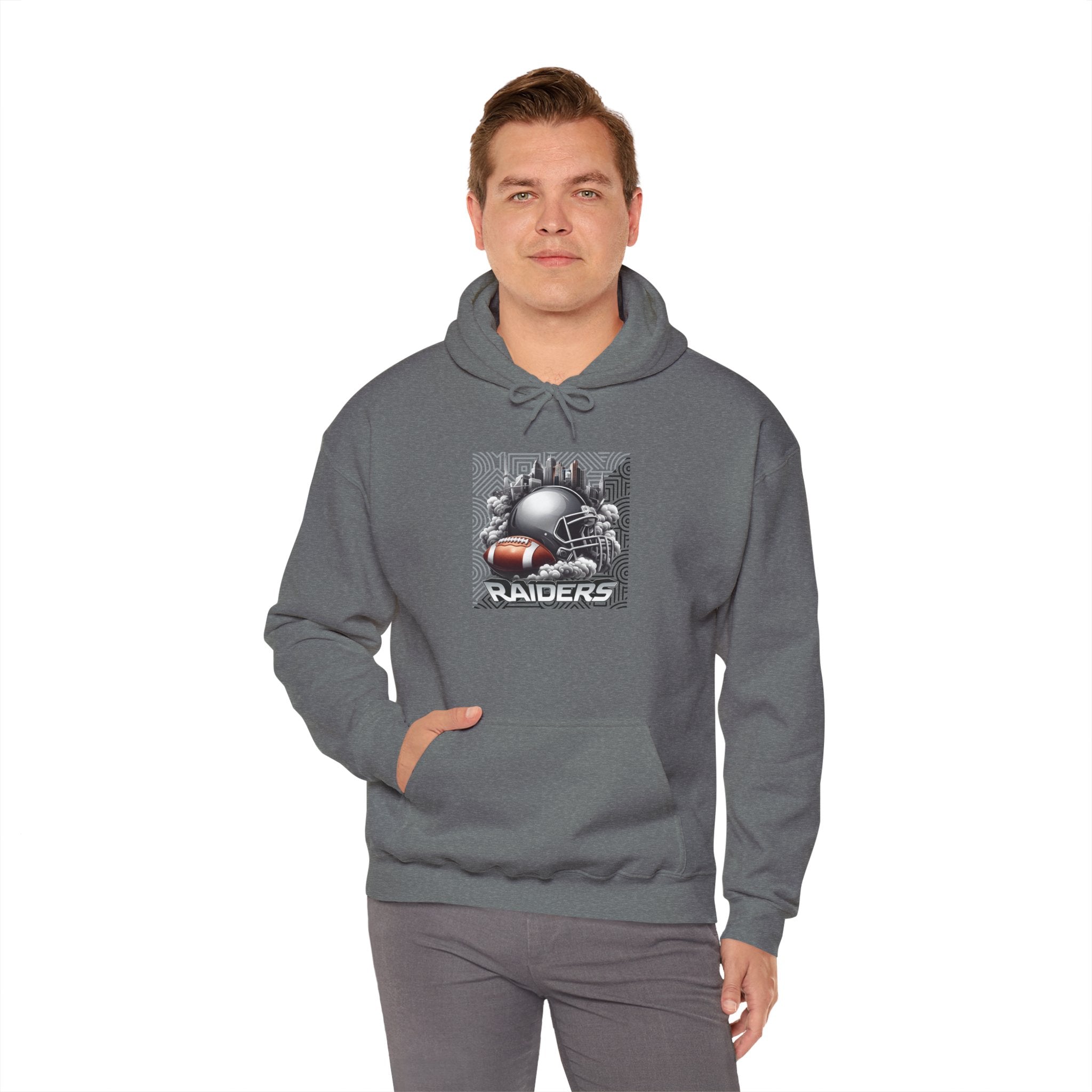 Gray Football and Helmet Shield Raiders Hoodie - Bold and Dominant, Ultimate Game-Day Gear, Raiders Football Hoodie Unisex