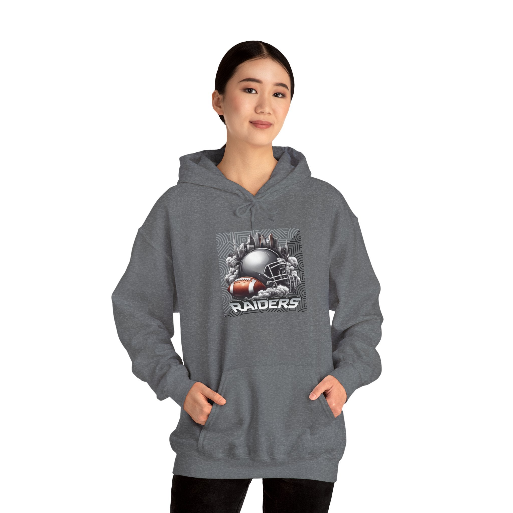 Gray Football and Helmet Shield Raiders Hoodie - Bold and Dominant, Ultimate Game-Day Gear, Raiders Football Hoodie Unisex