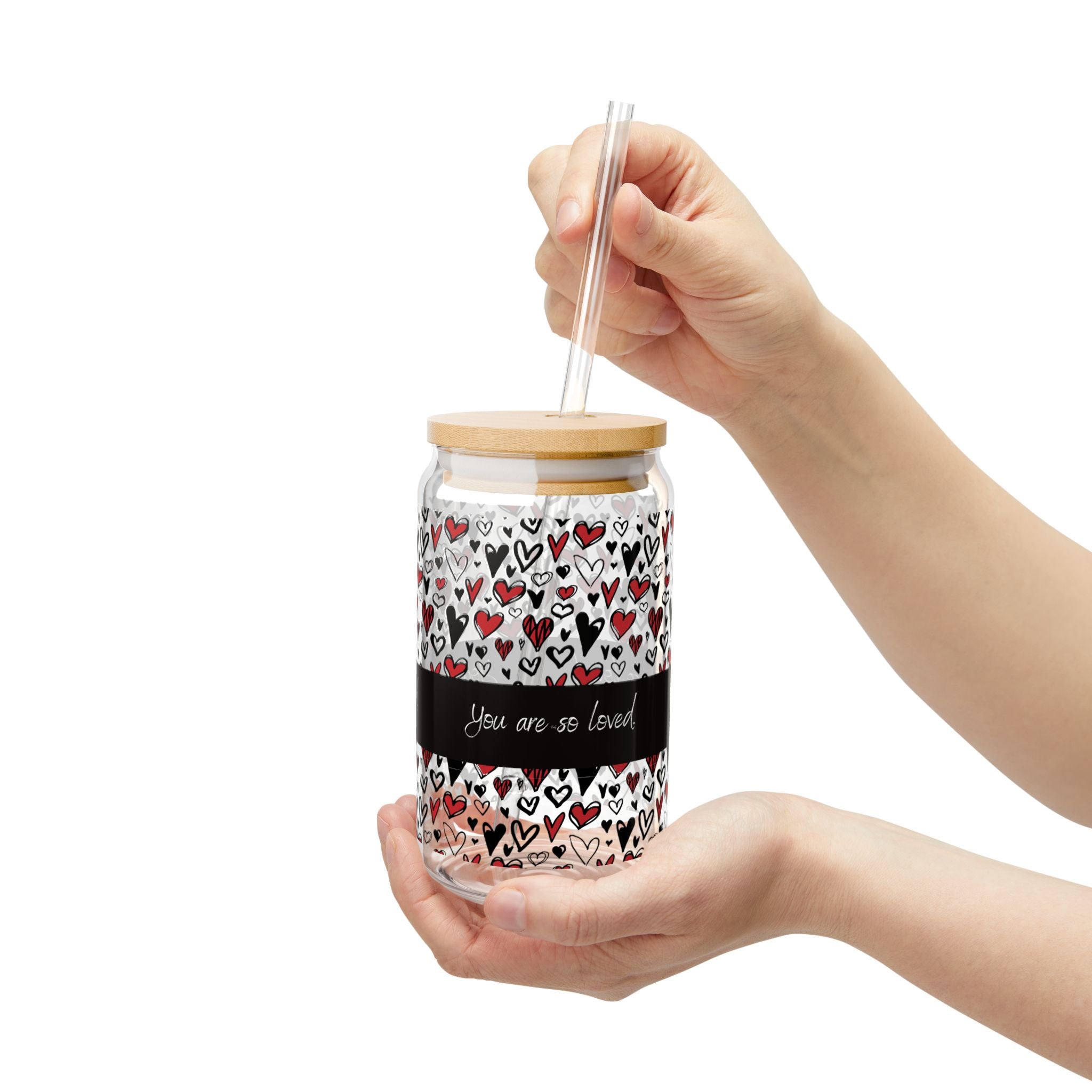 Glass Sipper 16oz - Loved Valentines Day Gift for Teachers, Girlfriend, Boyfriend, Valentines Give Away, Glasses Drinking Set, Iced Coffee Cup with Bamboo Lids, Drinking Glasses Tumbler with Straw and Lid, Glass Can Coffee Cups, Drinking Glassware