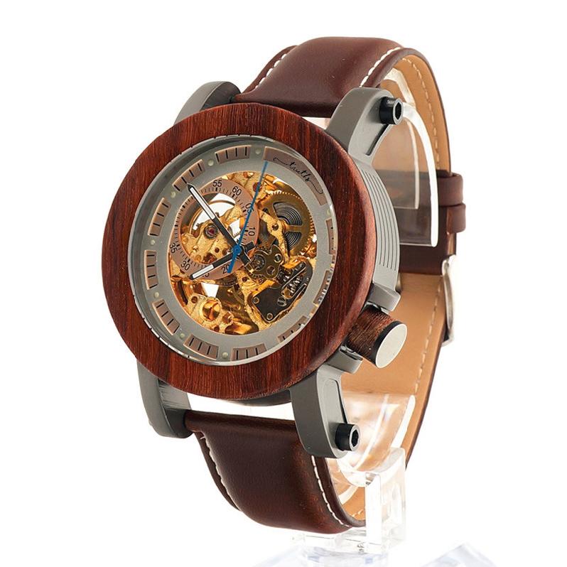Wood Bezel Stainless Steel Genuine Leather Men's Watch