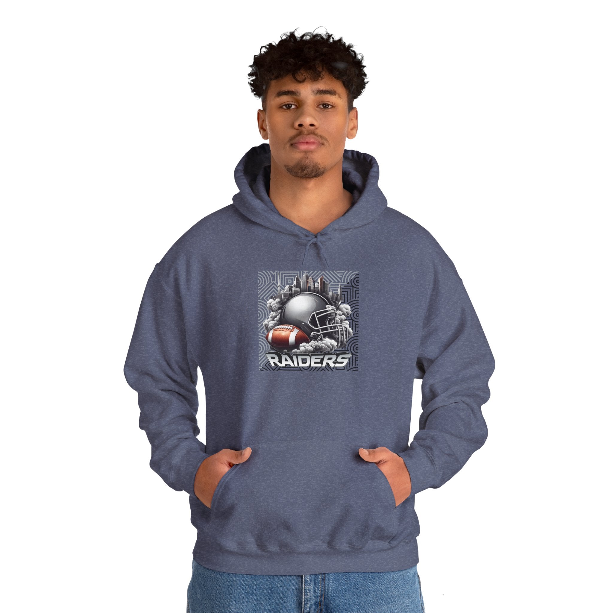 Gray Football and Helmet Shield Raiders Hoodie - Bold and Dominant, Ultimate Game-Day Gear, Raiders Football Hoodie Unisex