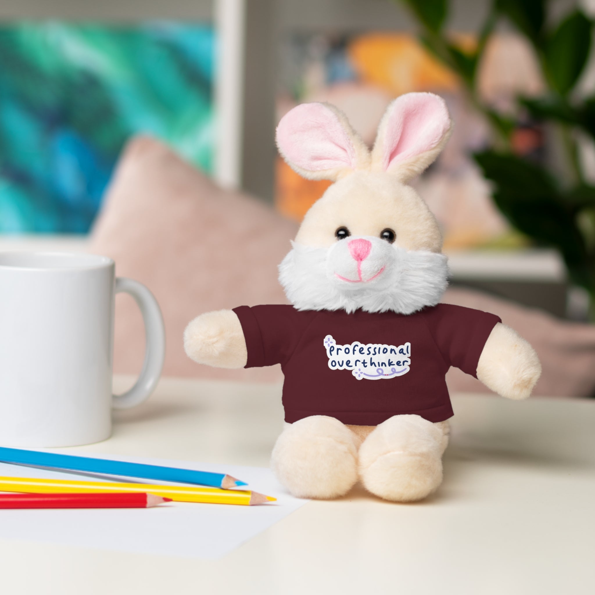 Bunny Plushy, Funny Professional Overthinker, Stuffed Animals Shirt Printed, Suitable for Soft Valentine's Day Gift