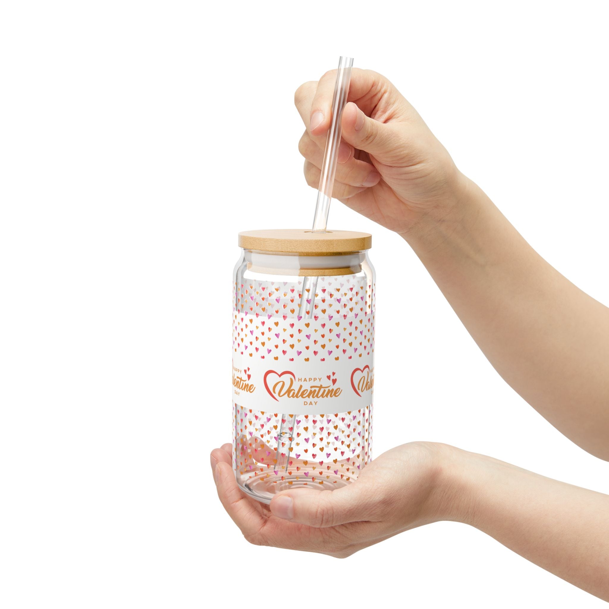 Glass Sipper 16oz - Orange Happy Valentines Day Gift for Teachers, Girlfriend, Boyfriend, Valentines Give Away, Glasses Drinking Set, Iced Coffee Cup with Bamboo Lids, Drinking Glasses Tumbler with Straw and Lid, Glass Can Coffee Cups, Drinking Glassware