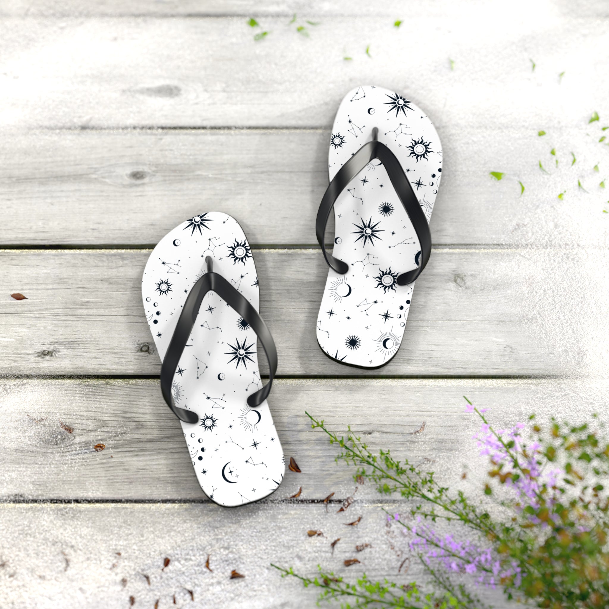 Black And White Celestial , Flip Flops for Women, Cute Designs, Everyday Use, Indoor Sleepers