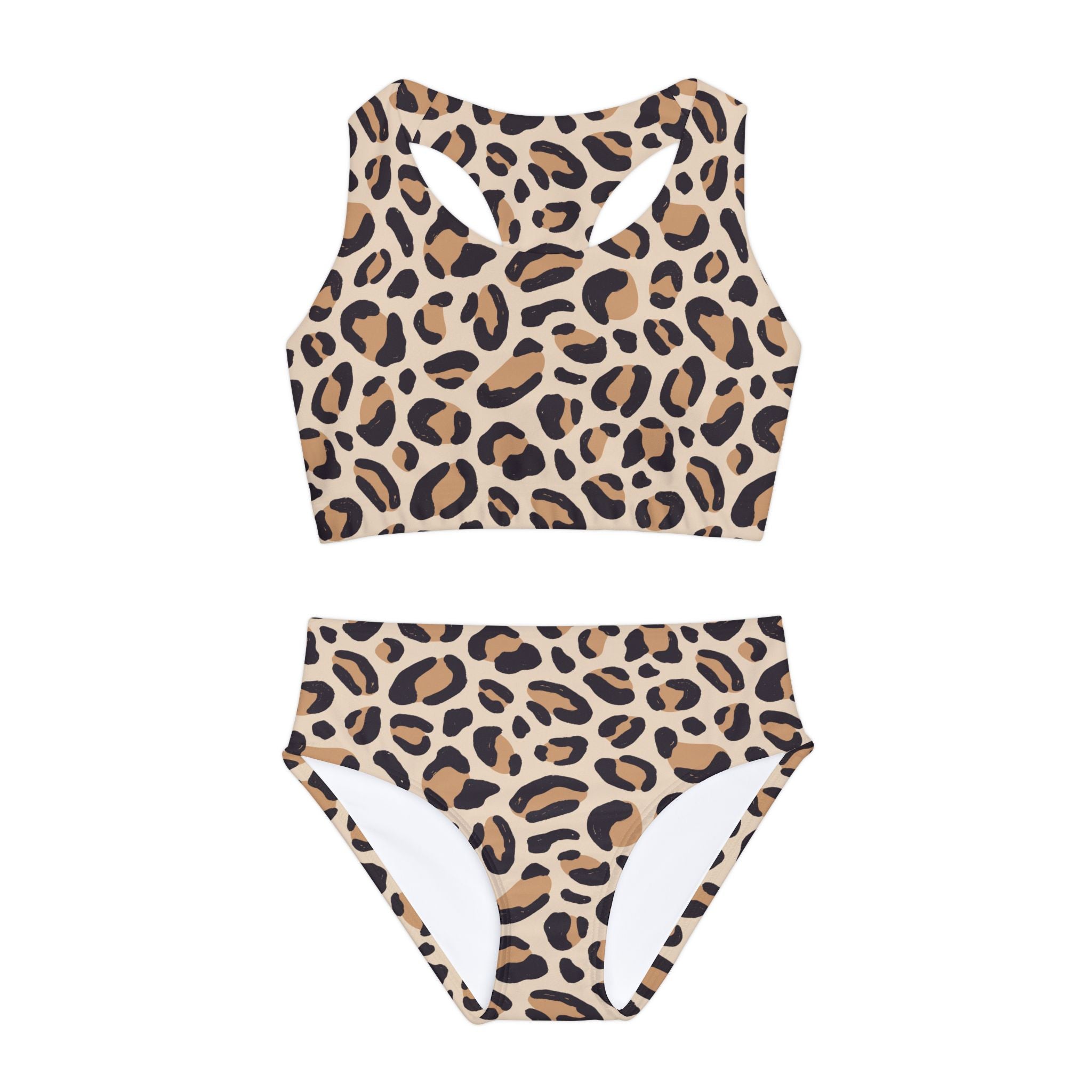 Black Beige Swimsuit Set, Leopard Two Piece Bathing Suit, Cute Girls Swimwear, Summer Beach Outfit, Kids Swim Set
