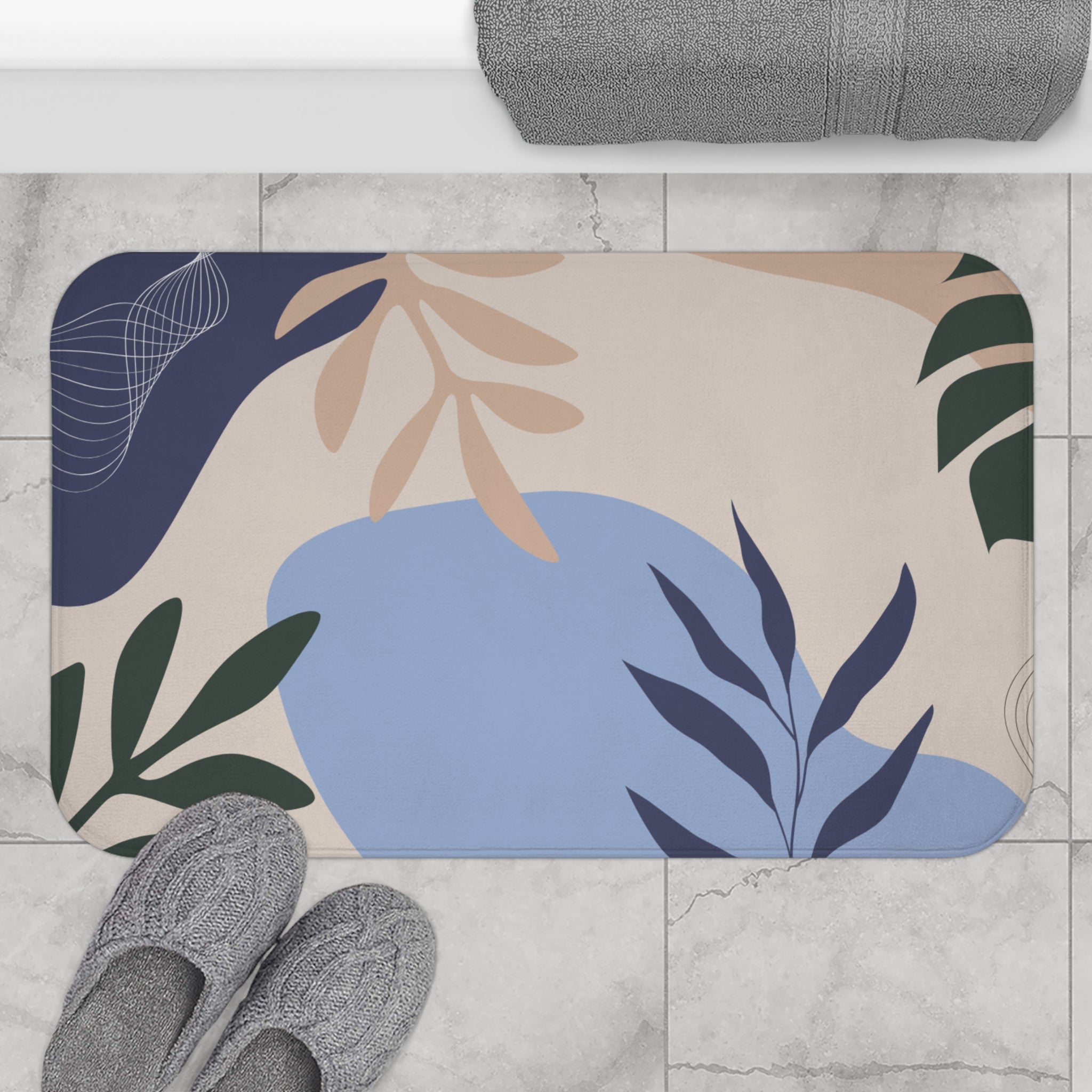 Brown Blue Memory Foam Microfiber Bath Mat - Extra Soft Non-Slip Plush Rug, Machine Washable, Bathroom Floor, Tub & Shower