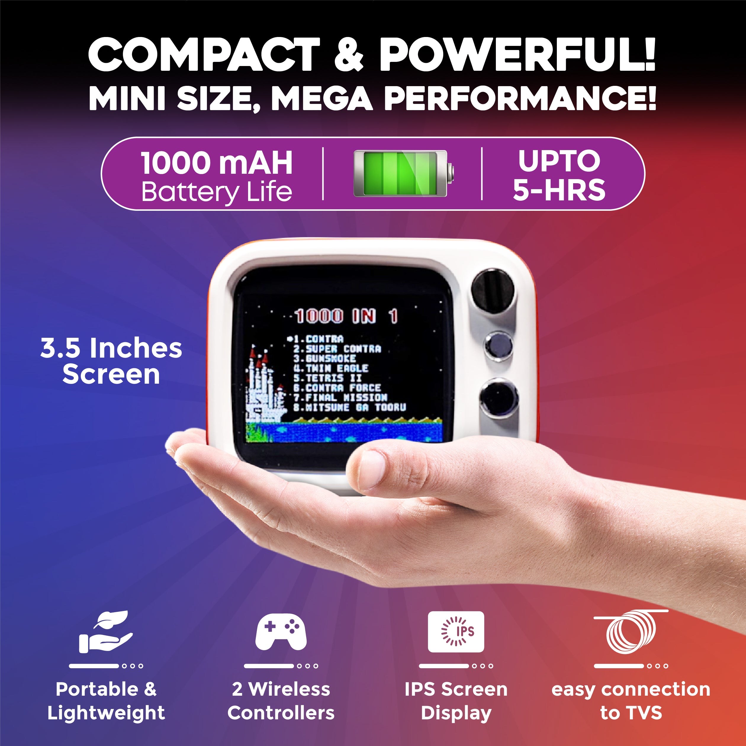 Tiny Arcade TV 3.5" Mini Retro Game - Two Player Playable TV Console & w/ Real Gameplay & Sound - 700+ Classic Video Games - H7