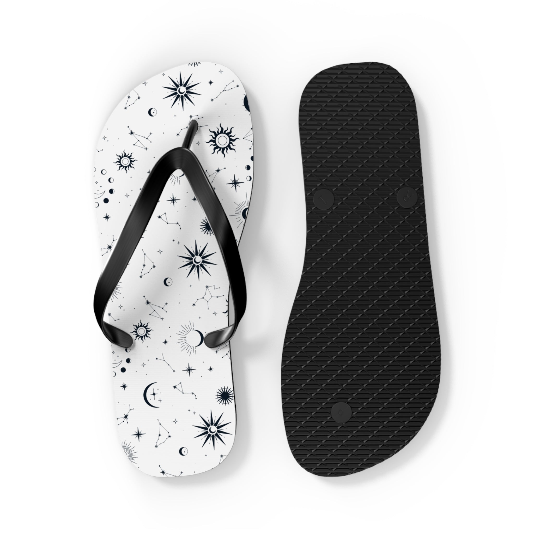 Black And White Celestial , Flip Flops for Women, Cute Designs, Everyday Use, Indoor Sleepers